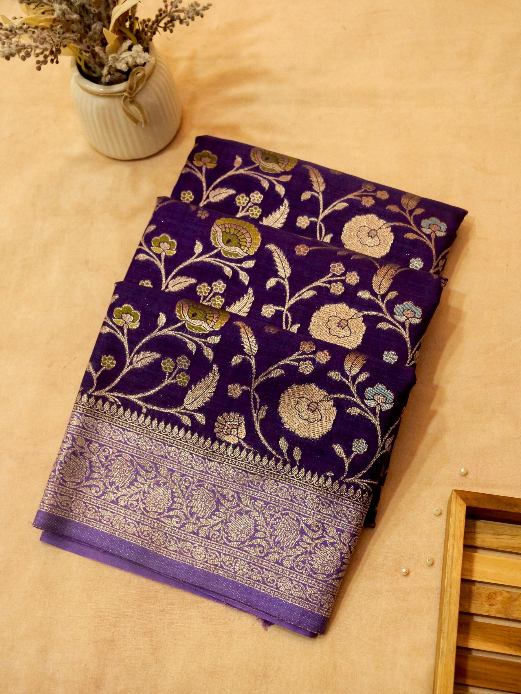 Royal Purple Raw Silk Saree with Intricate Silver Floral Weaving