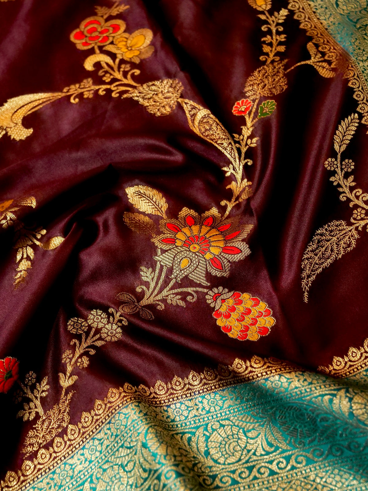 Wine Satin Mashru Silk Saree with Teal Zari Border