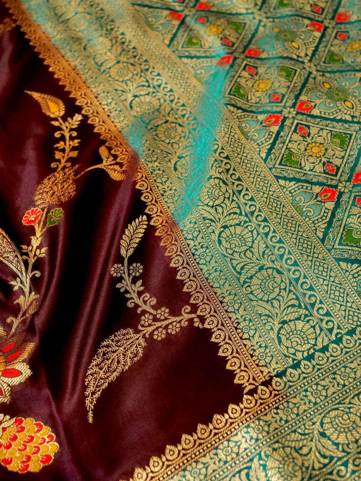Wine Satin Mashru Silk Saree with Teal Zari Border
