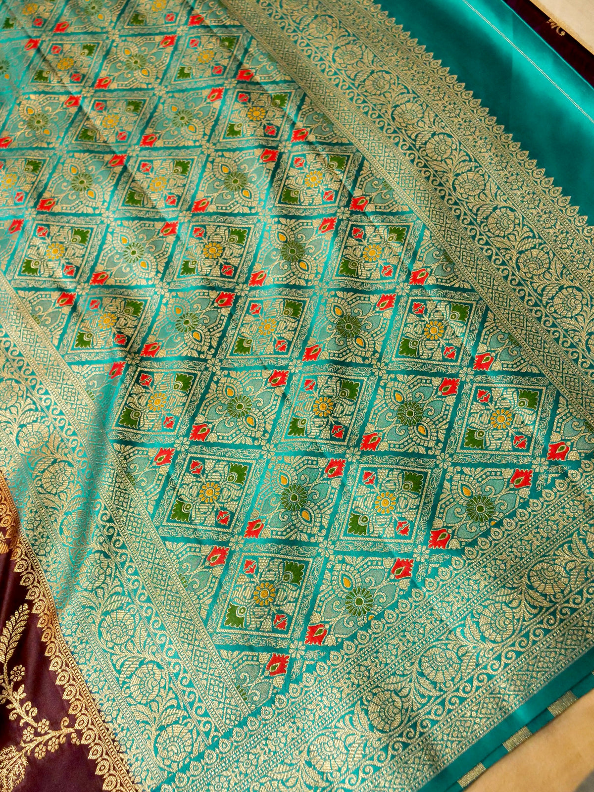 Wine Satin Mashru Silk Saree with Teal Zari Border