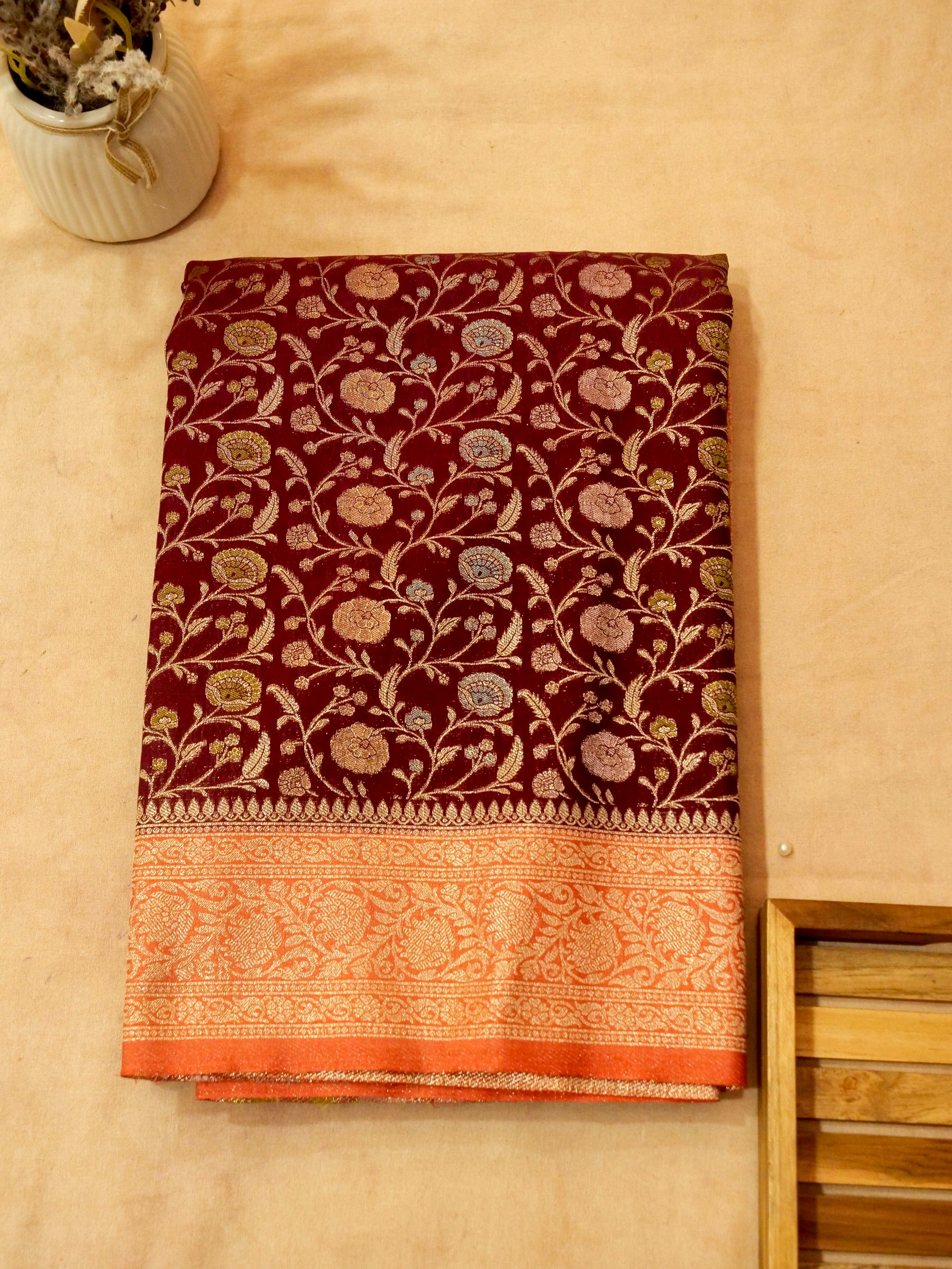 Maroon Raw Silk Saree with Orange Border
