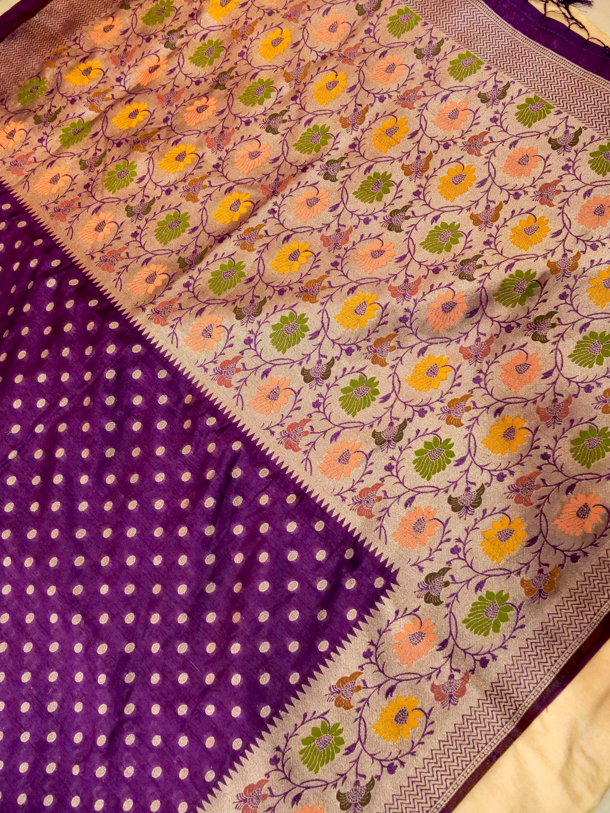 Purple Polka Raw Silk Saree with Floral Border