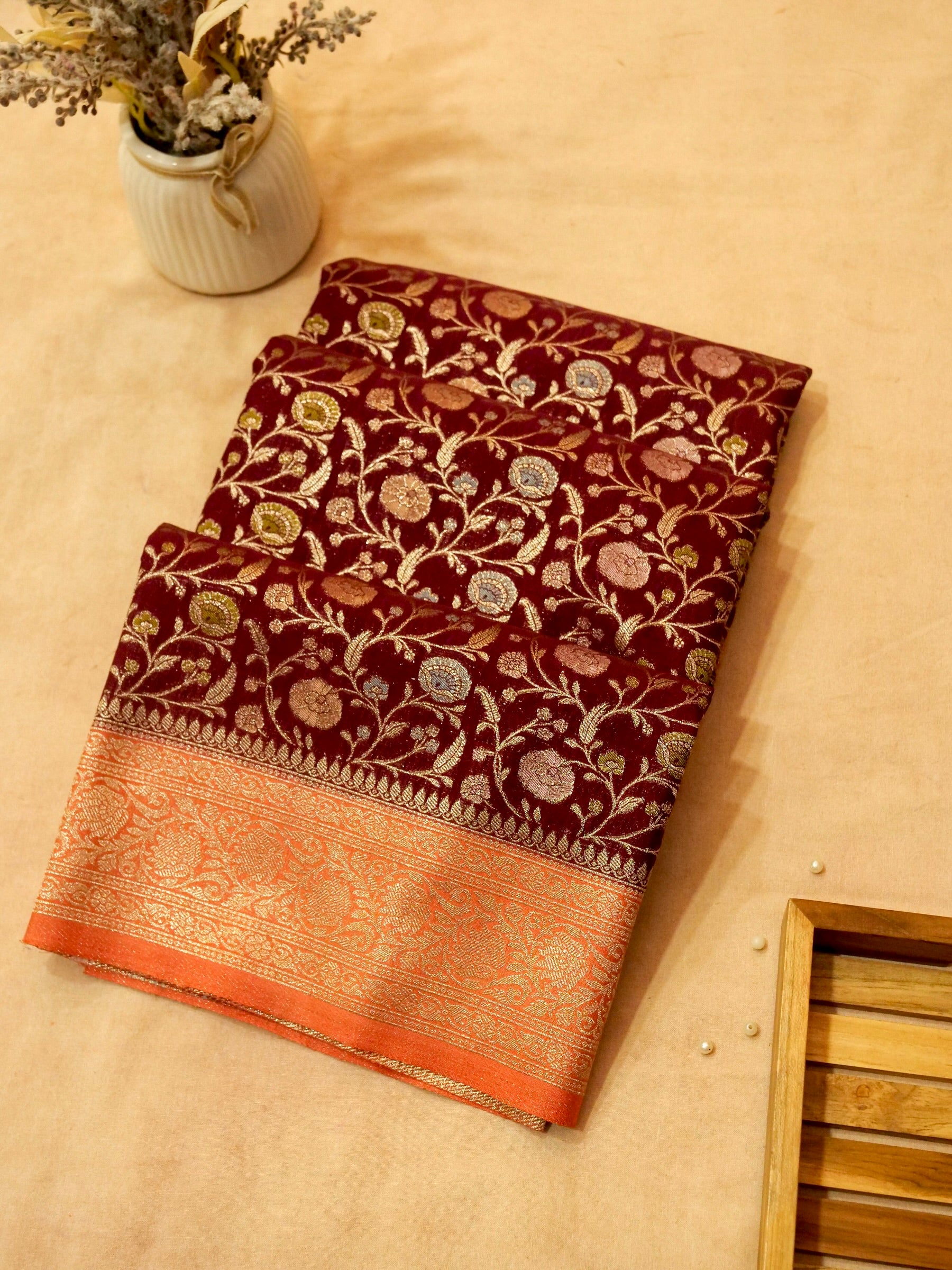 Maroon Raw Silk Saree with Orange Border