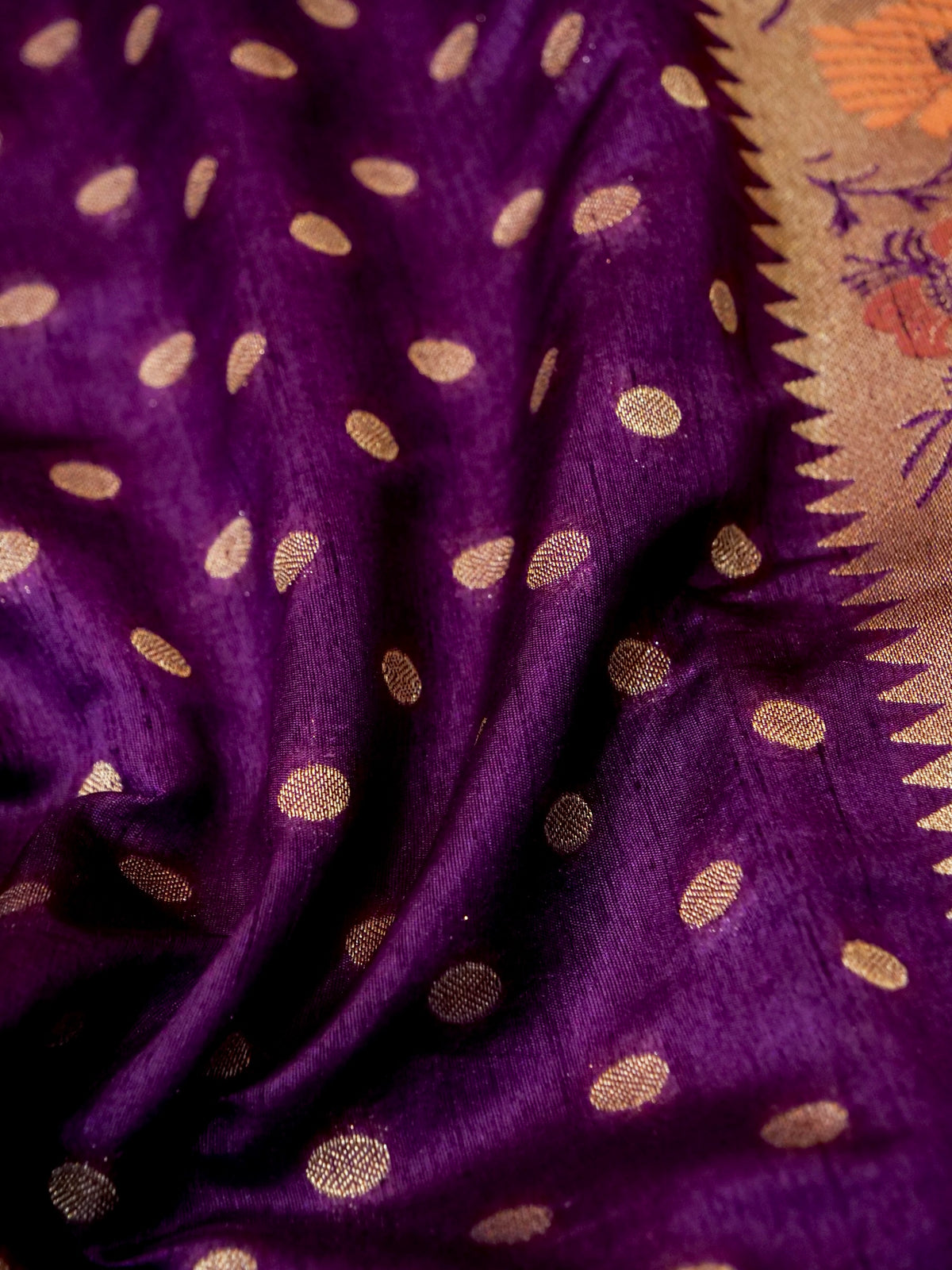 Purple Polka Raw Silk Saree with Floral Border