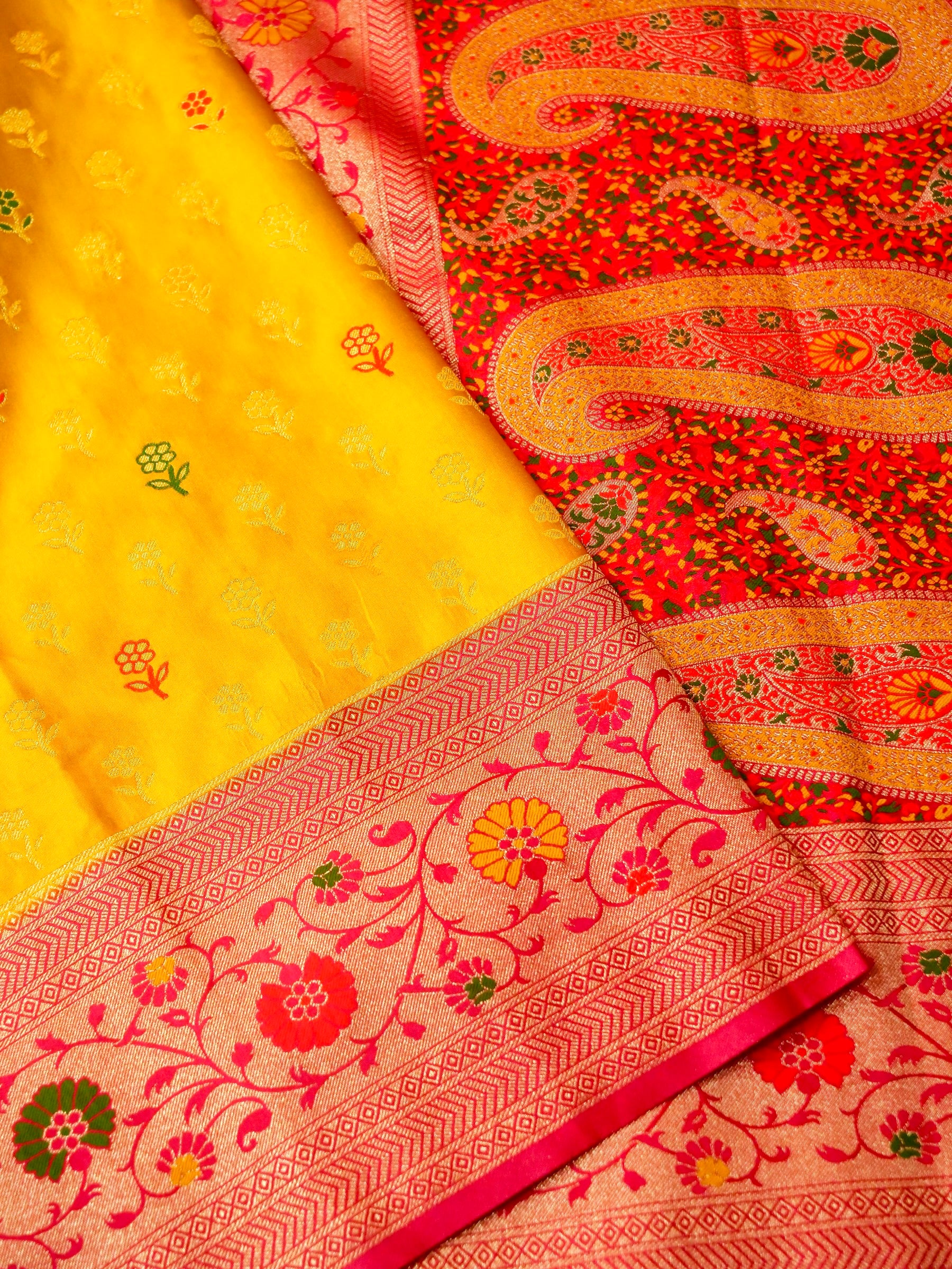 Sunshine Yellow Satin Mashru Silk Saree with Pink Floral Zari Border