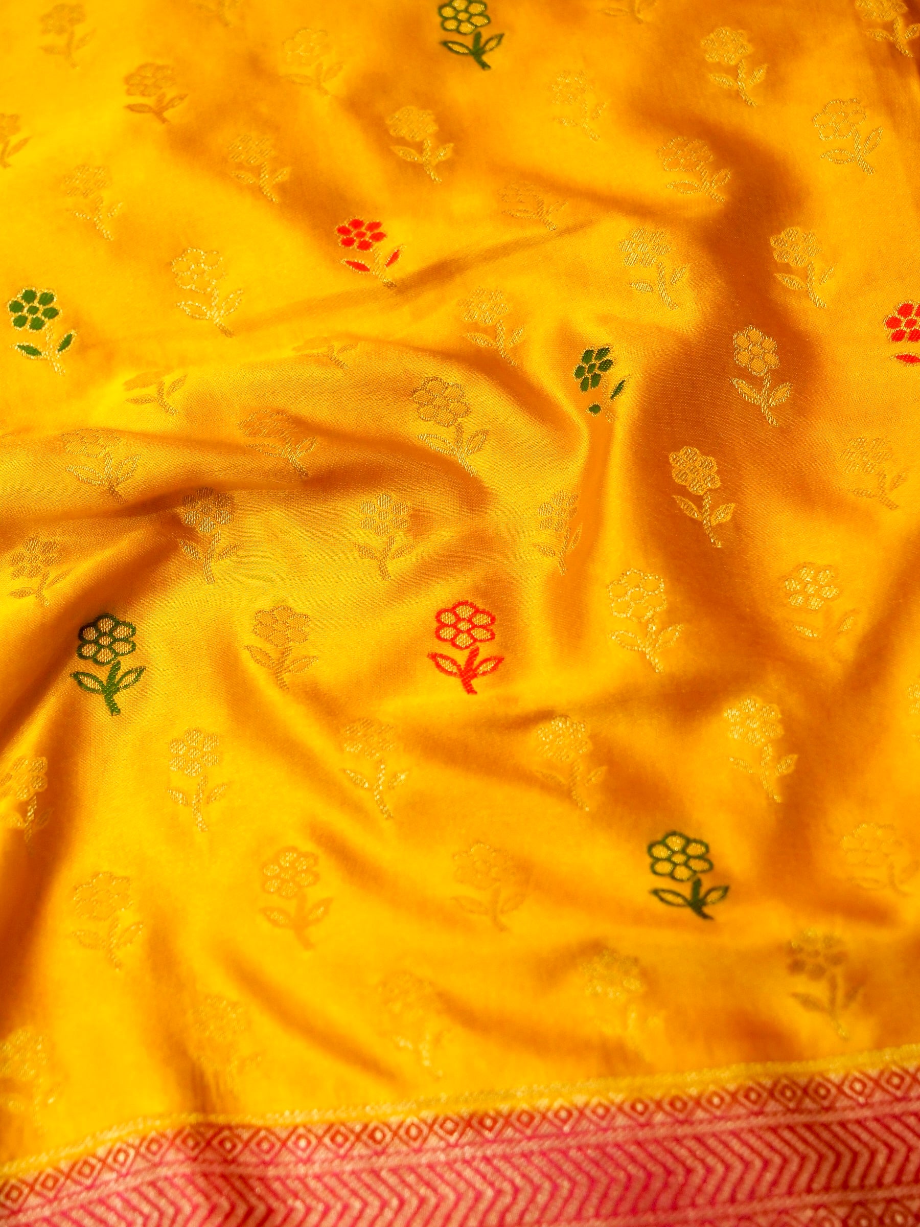 Sunshine Yellow Satin Mashru Silk Saree with Pink Floral Zari Border