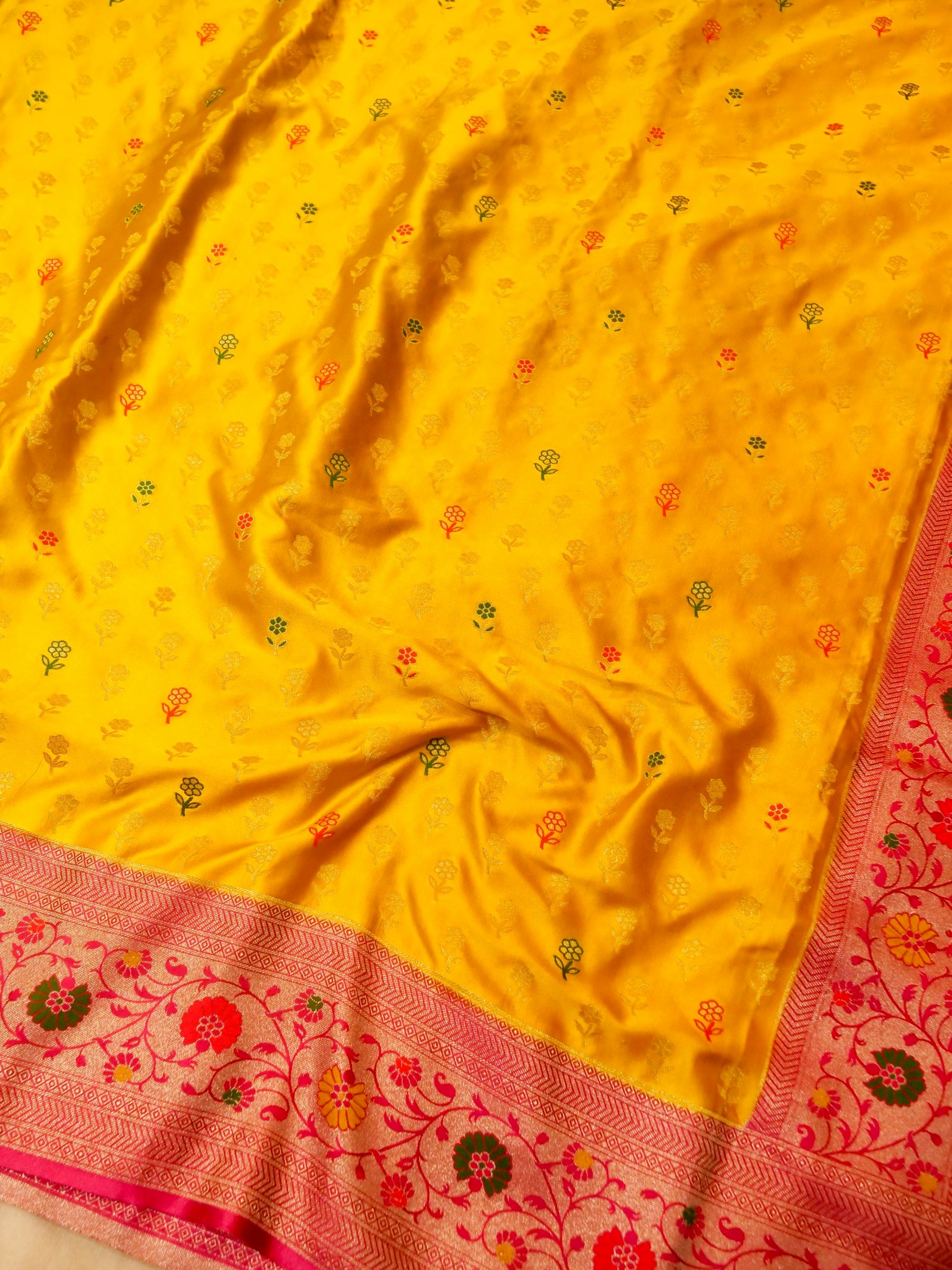 Sunshine Yellow Satin Mashru Silk Saree with Pink Floral Zari Border