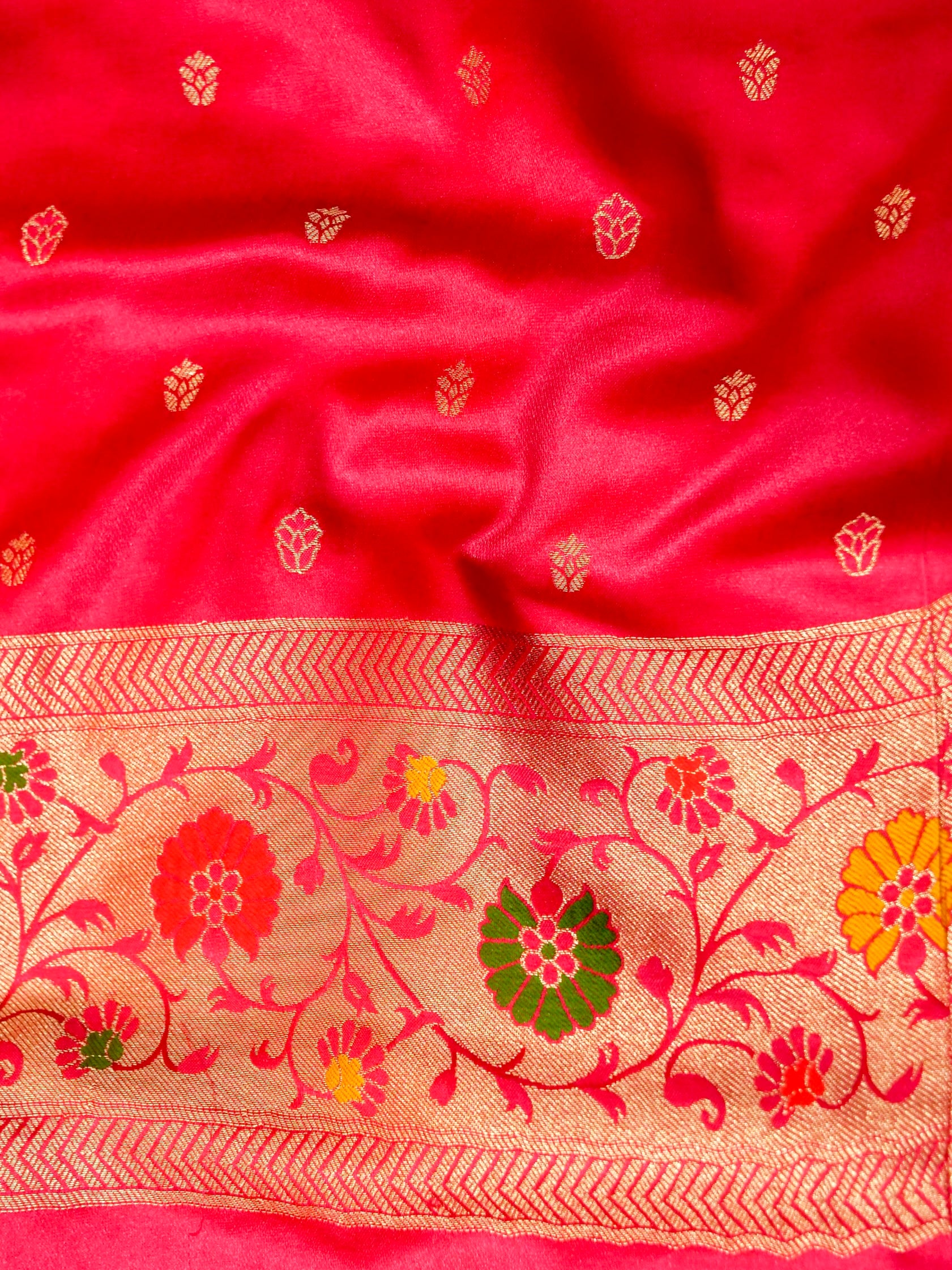 Sunshine Yellow Satin Mashru Silk Saree with Pink Floral Zari Border