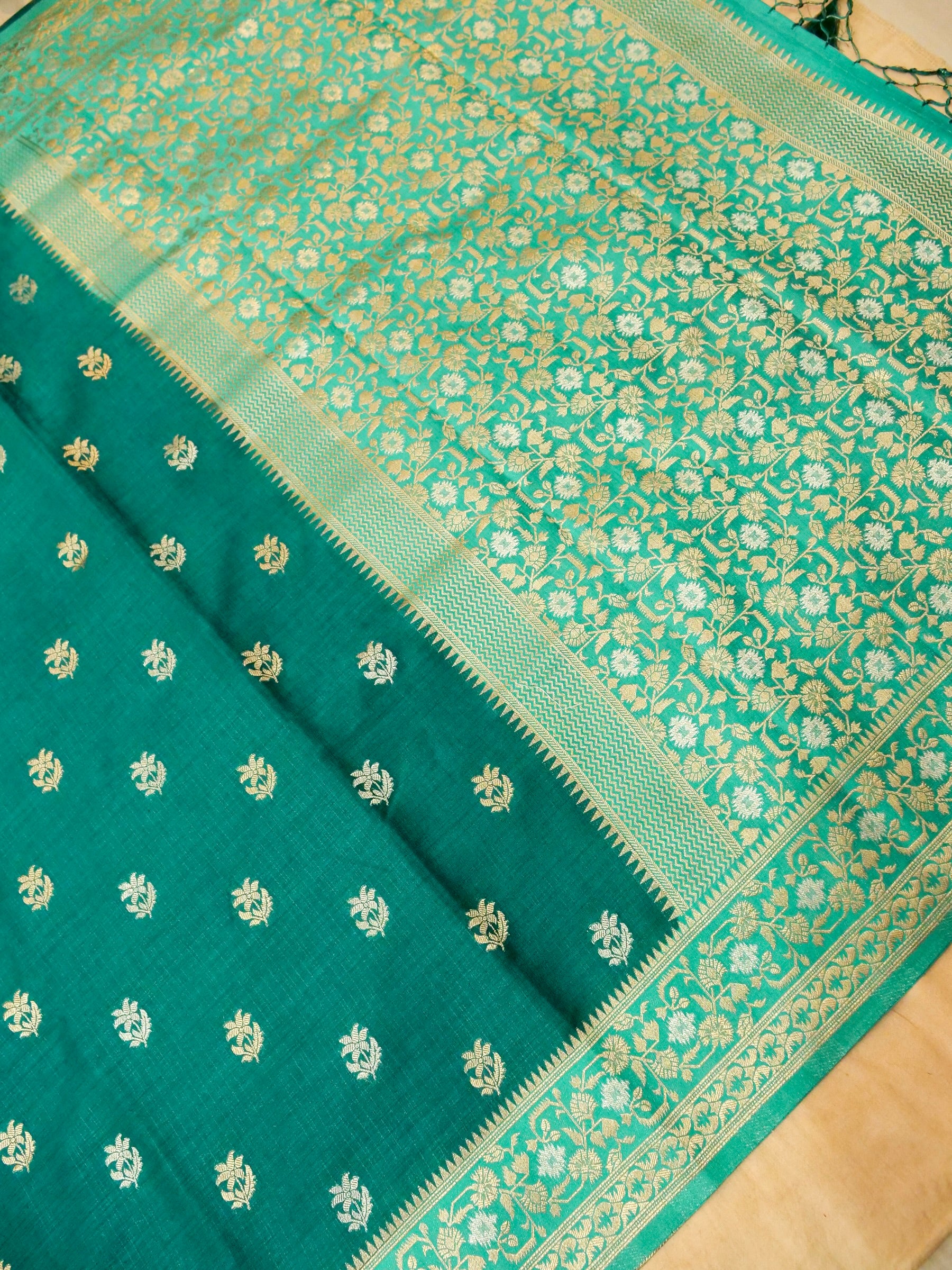 Teal Green Raw Silk Saree with Gold Floral Border