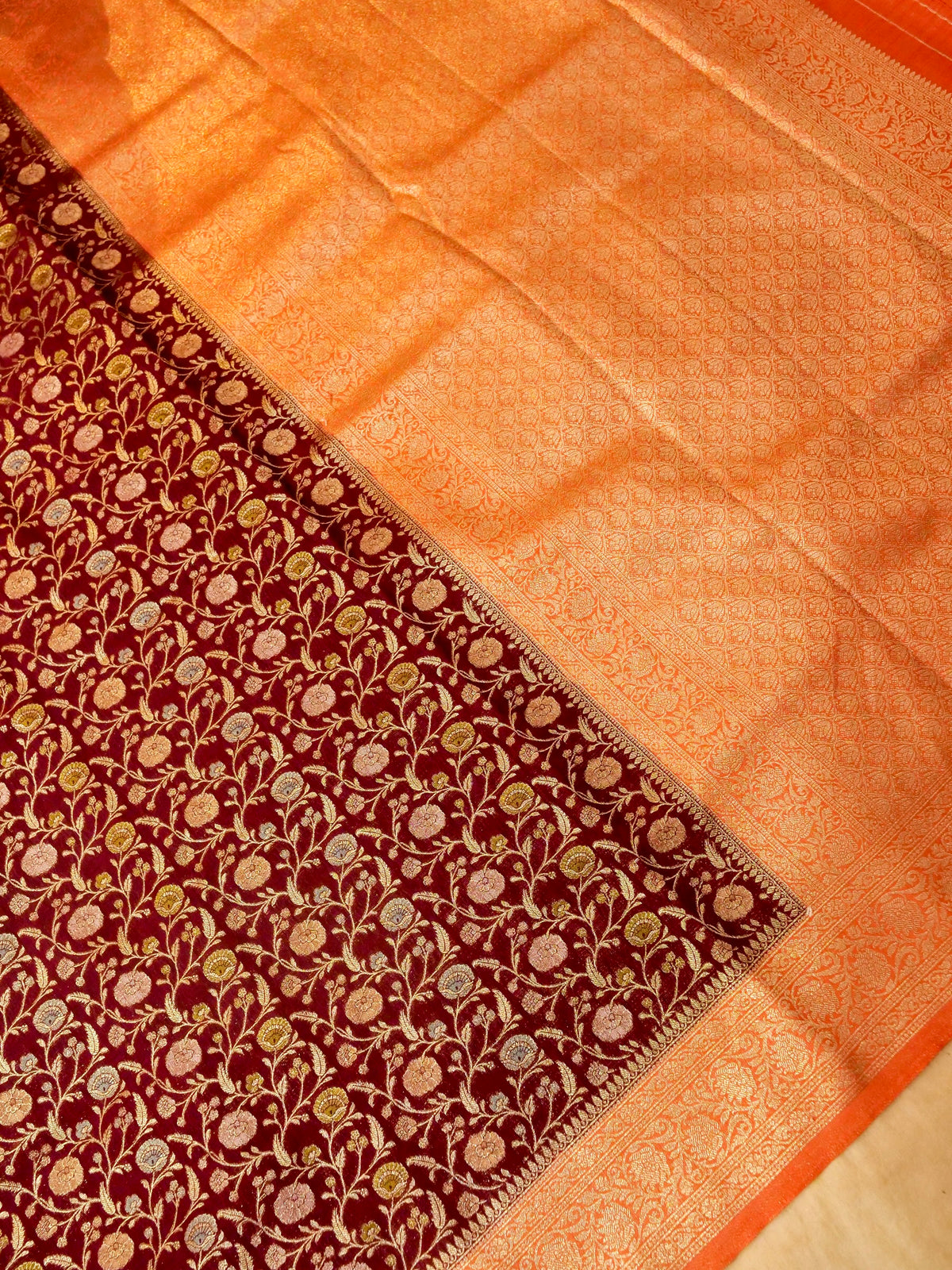 Maroon Raw Silk Saree with Orange Border