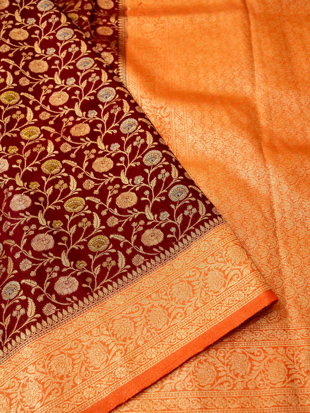 Maroon Raw Silk Saree with Orange Border