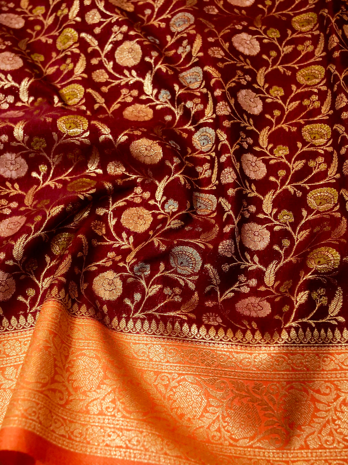 Maroon Raw Silk Saree with Orange Border