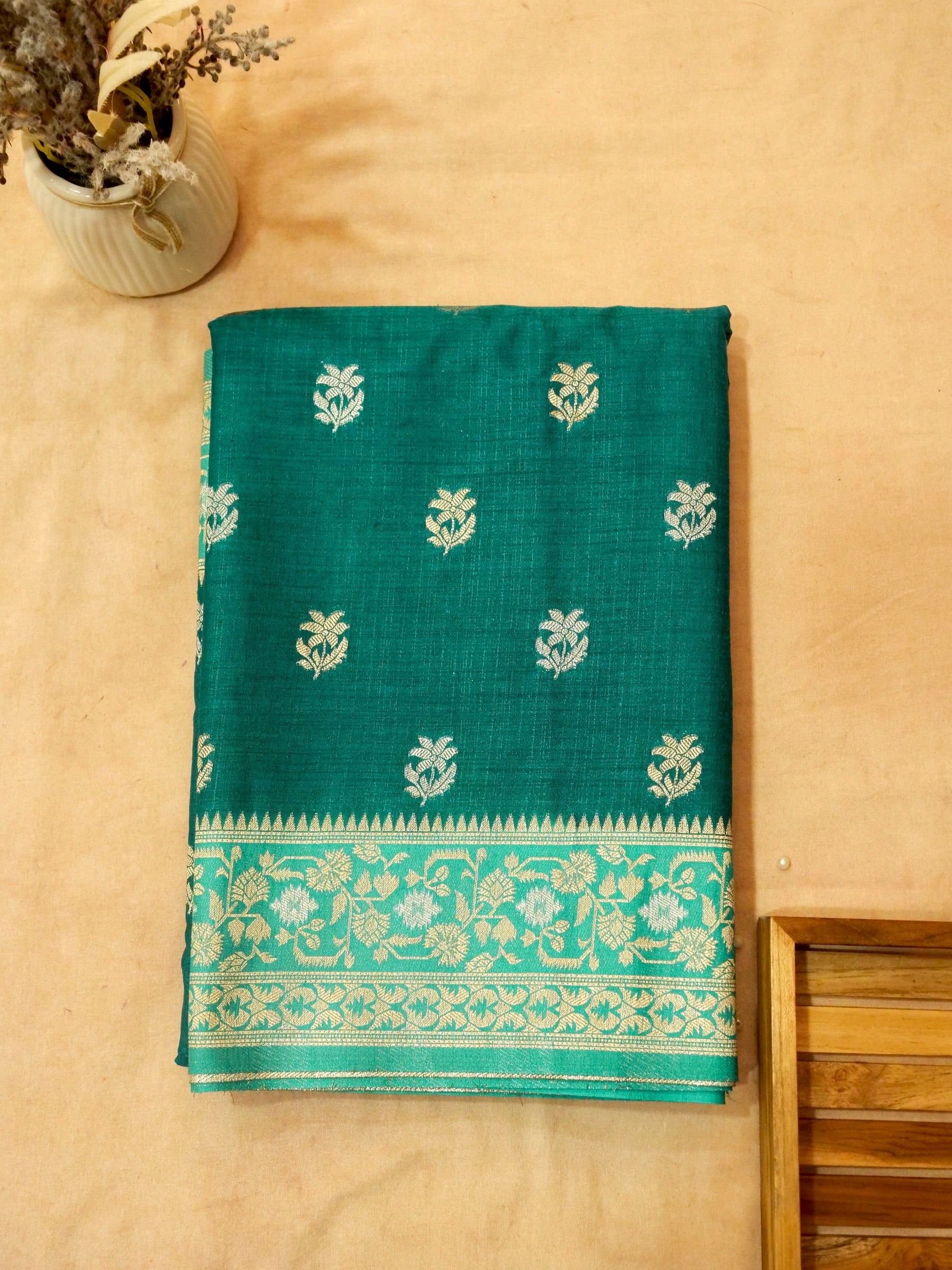 Teal Green Raw Silk Saree with Gold Floral Border