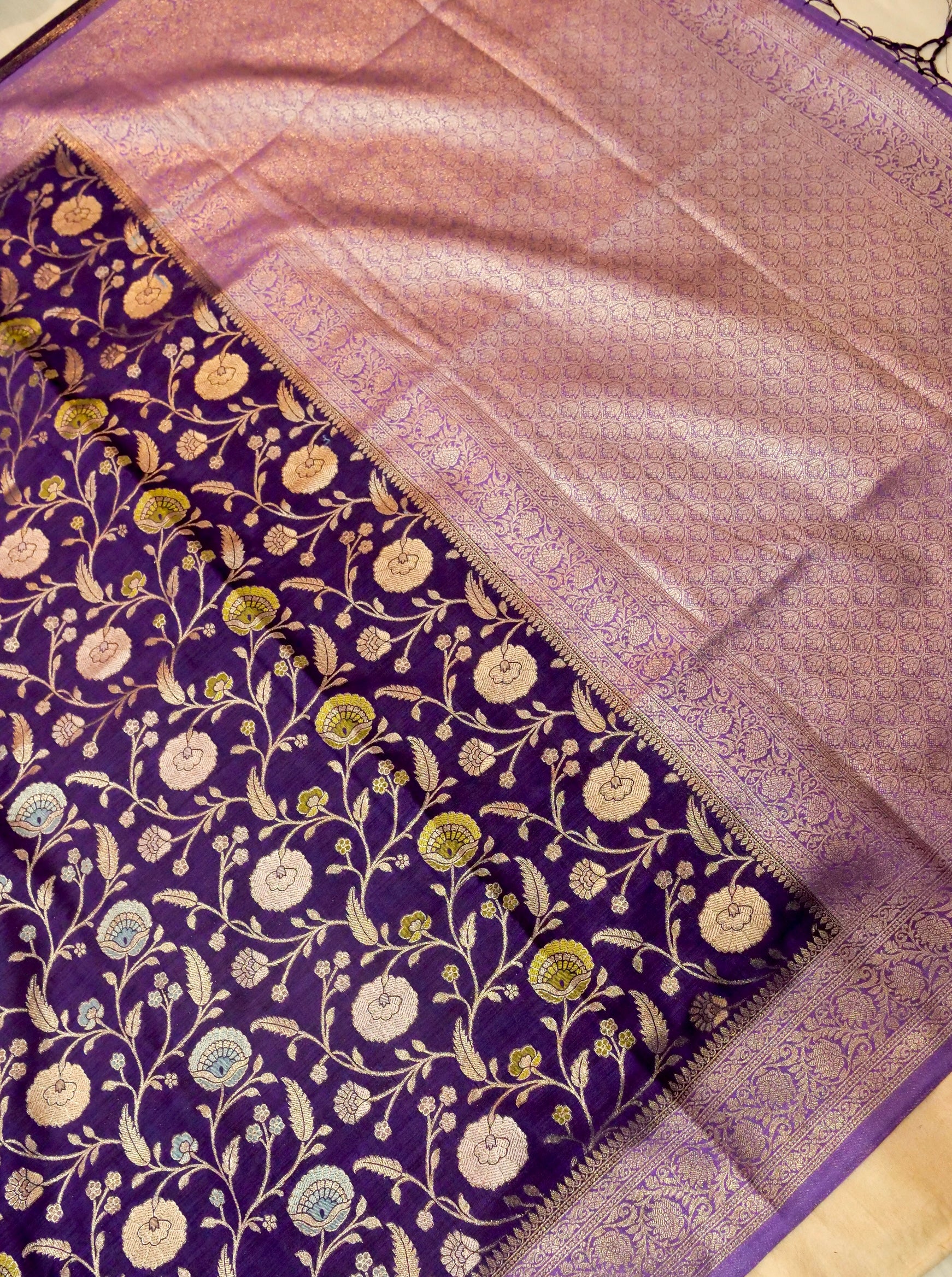 Royal Purple Raw Silk Saree with Intricate Silver Floral Weaving