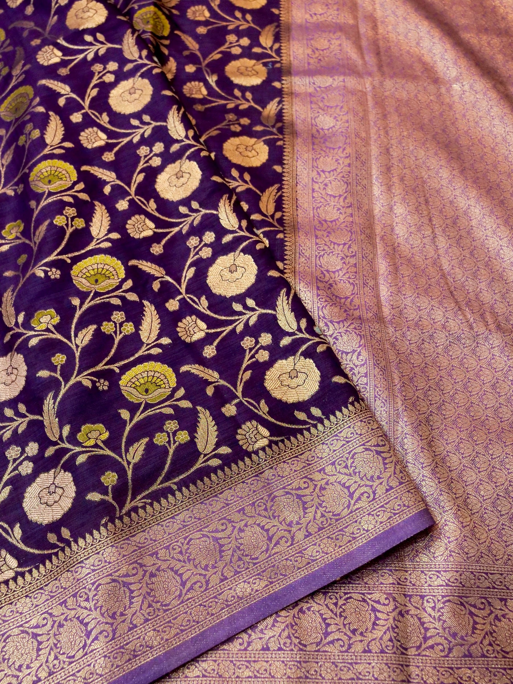 Royal Purple Raw Silk Saree with Intricate Gold Floral Weaving