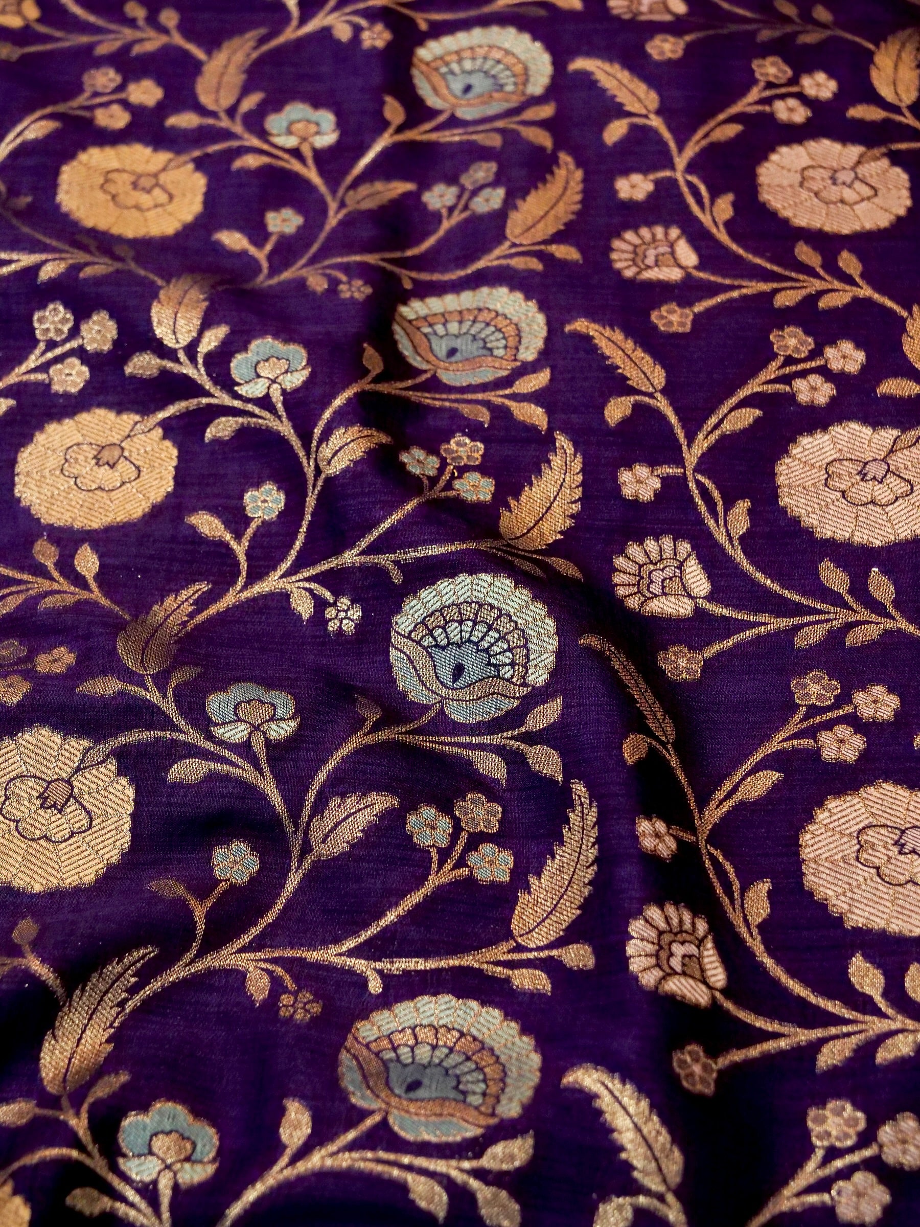 Royal Purple Raw Silk Saree with Intricate Gold Floral Weaving