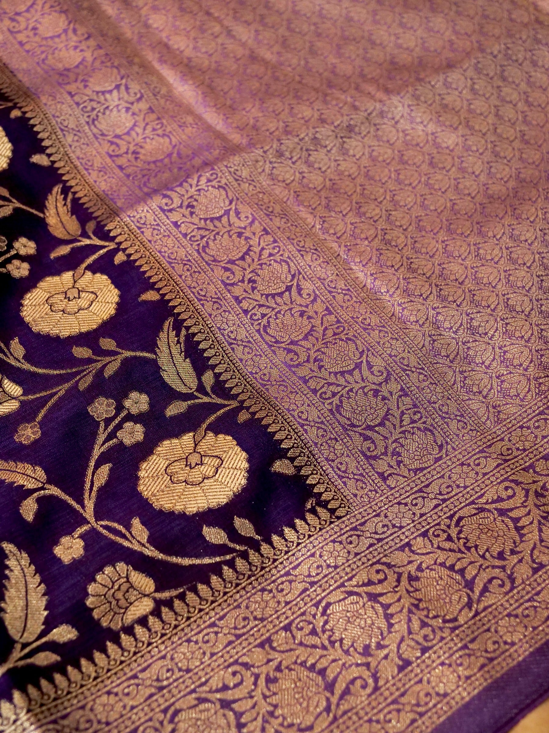 Royal Purple Raw Silk Saree with Intricate Gold Floral Weaving