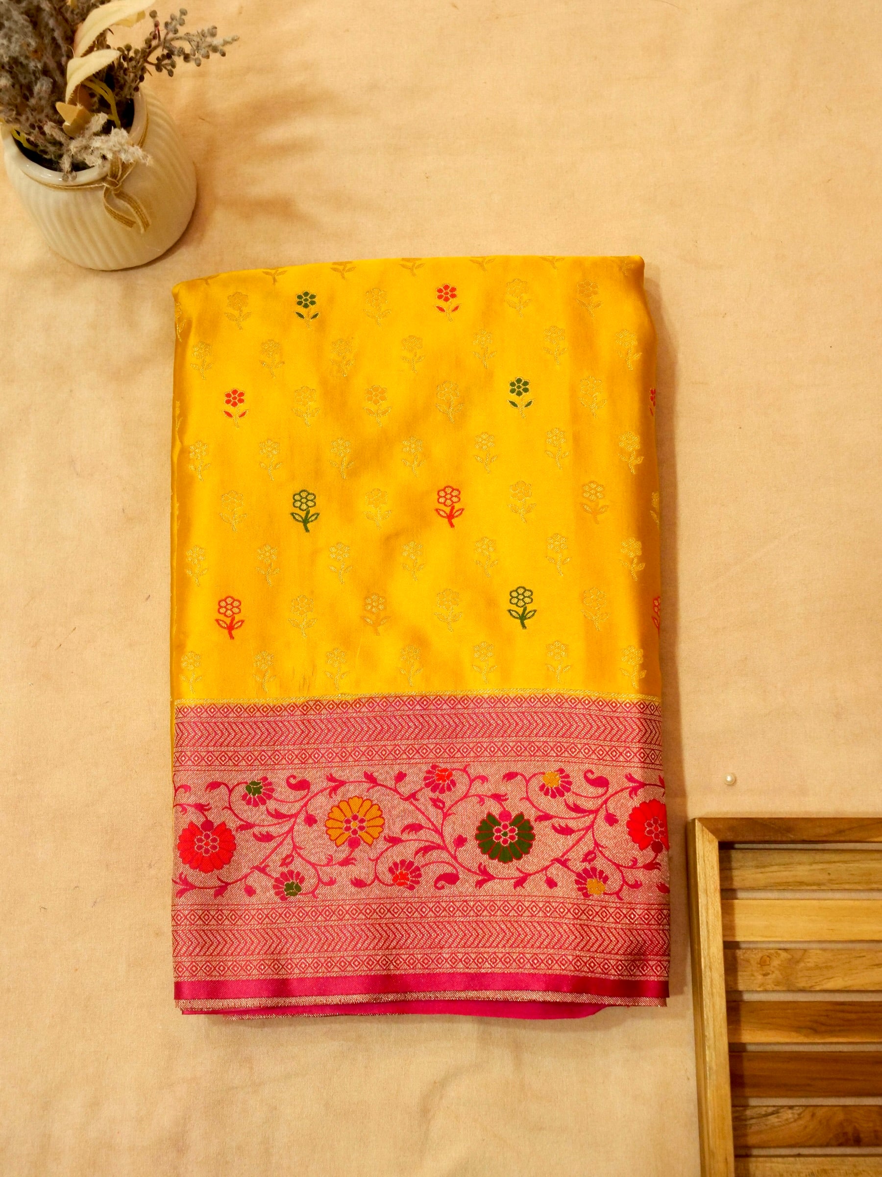 Sunshine Yellow Satin Mashru Silk Saree with Pink Floral Zari Border