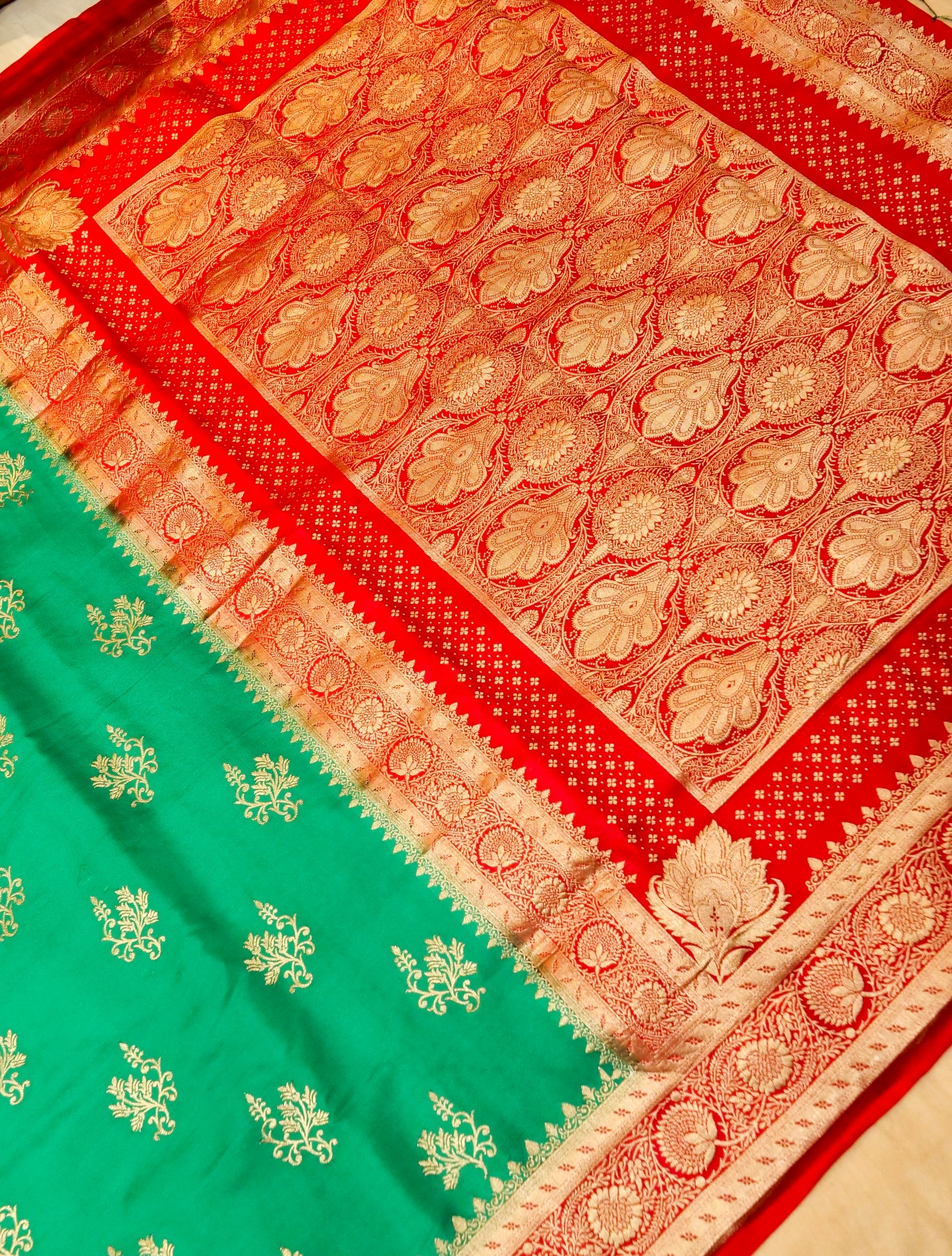 Emerald Green Semi Katan Silk Saree with Rich Red Zari Border
