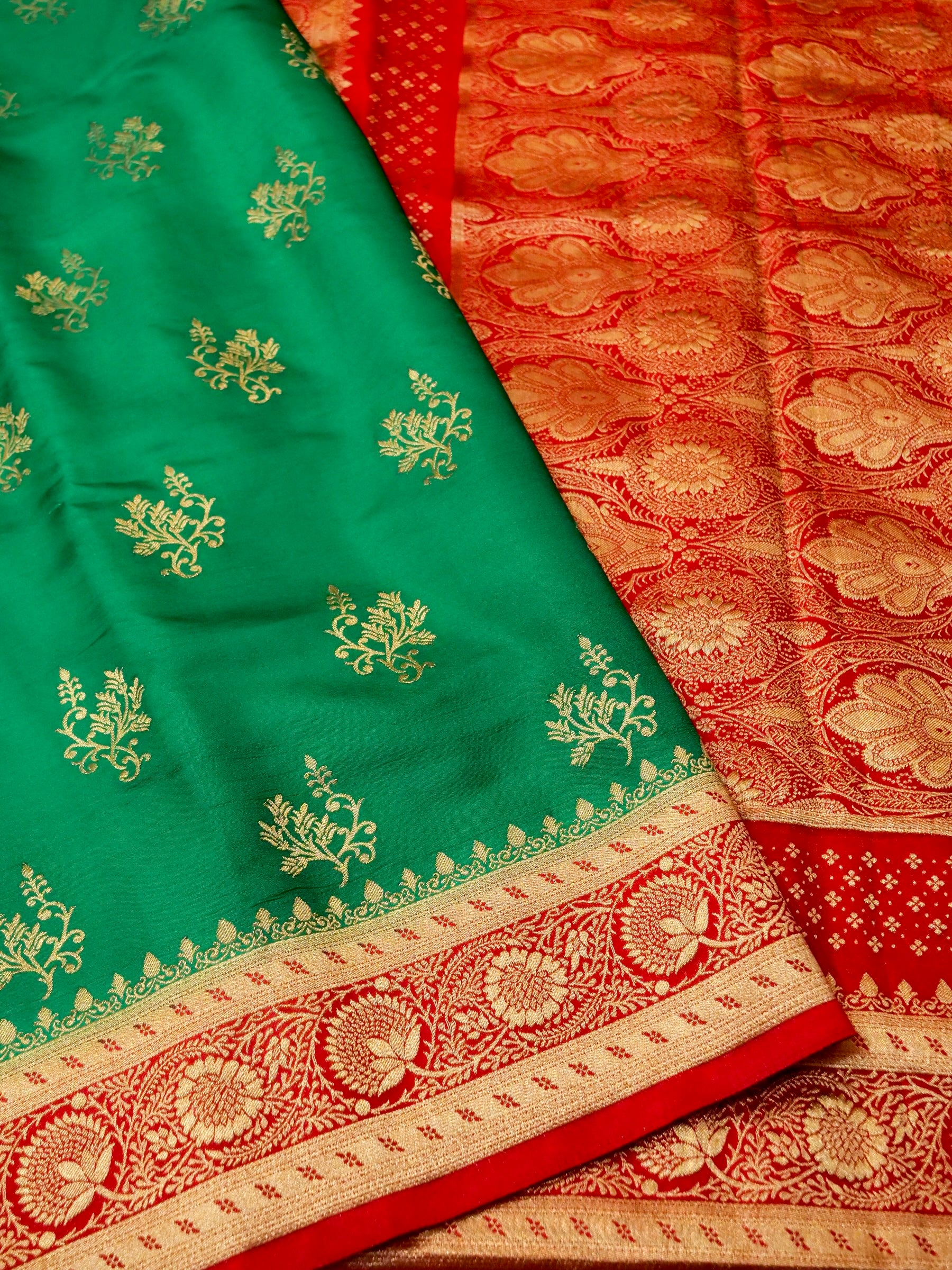 Emerald Green Semi Katan Silk Saree with Rich Red Zari Border