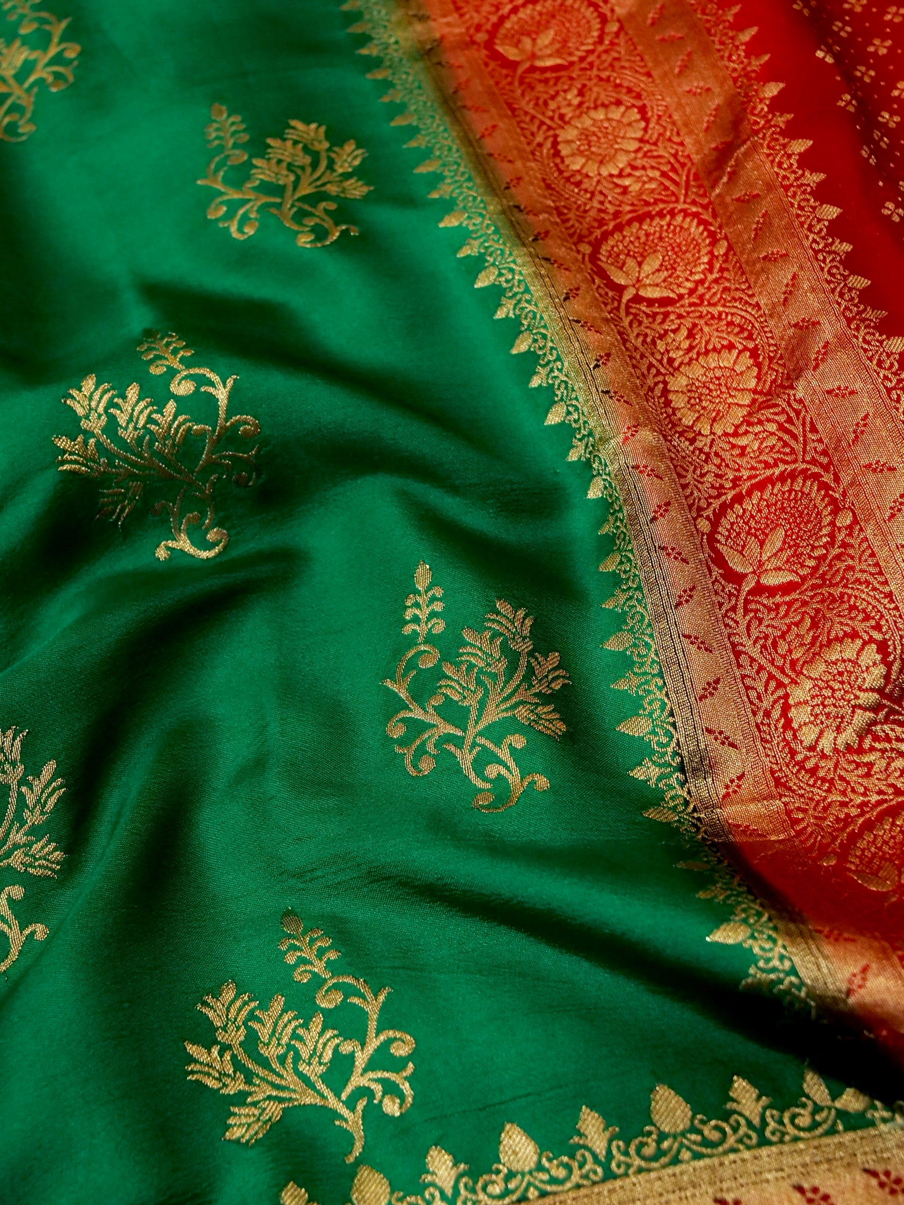 Emerald Green Semi Katan Silk Saree with Rich Red Zari Border