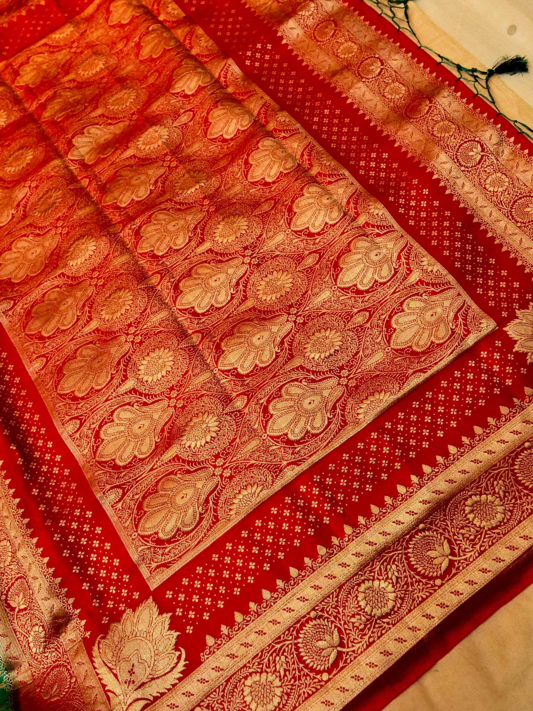 Emerald Green Semi Katan Silk Saree with Rich Red Zari Border