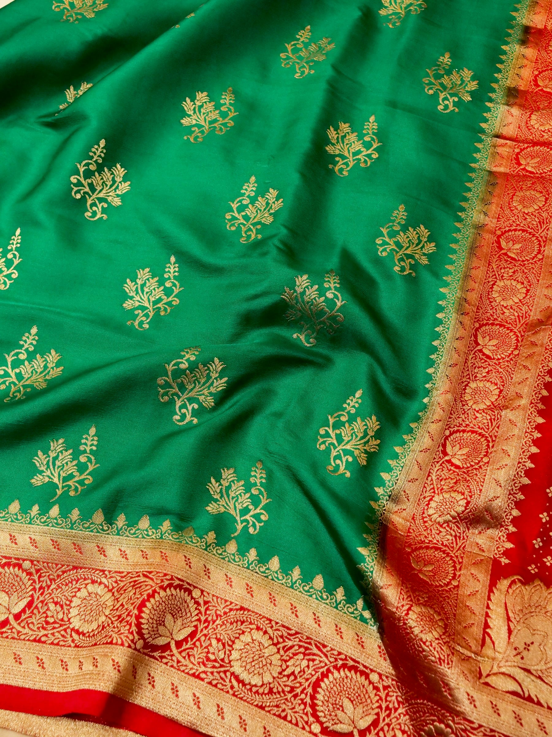Emerald Green Semi Katan Silk Saree with Rich Red Zari Border