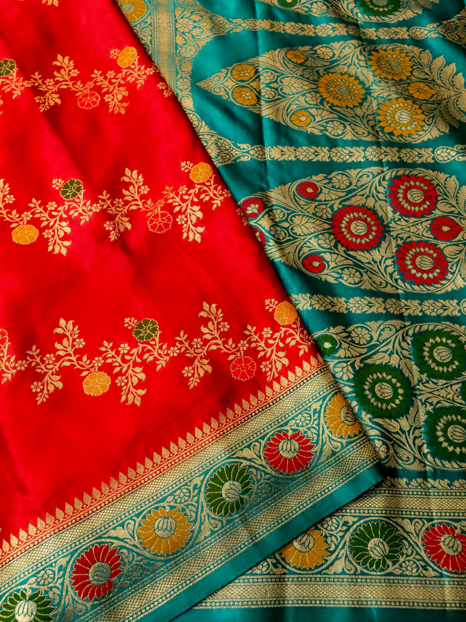 Royal Red Satin Mashru Silk Saree with Teal Zari Floral Border