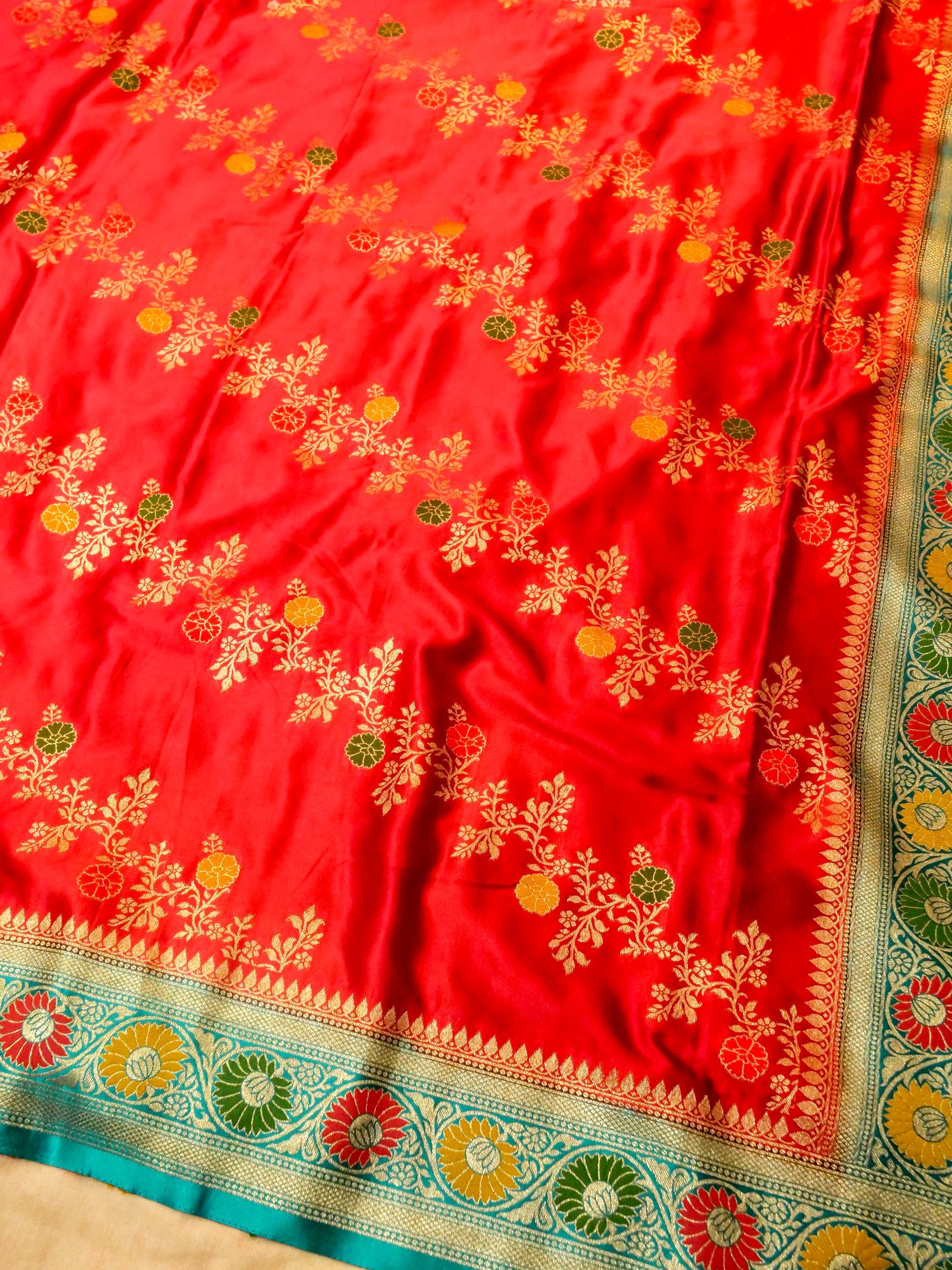 Royal Red Satin Mashru Silk Saree with Teal Zari Floral Border