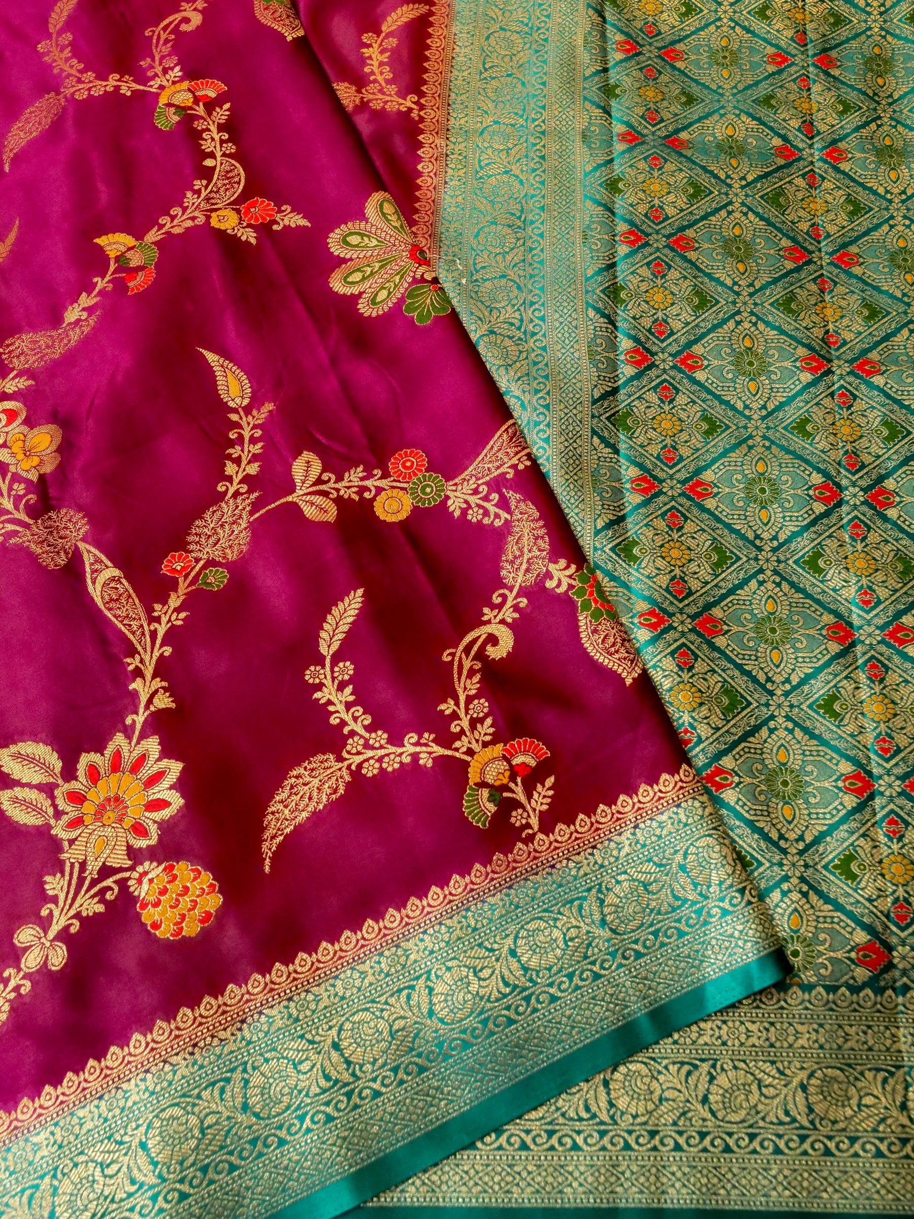 Rani Pink Satin Mashru Silk Saree with Teal Zari Border