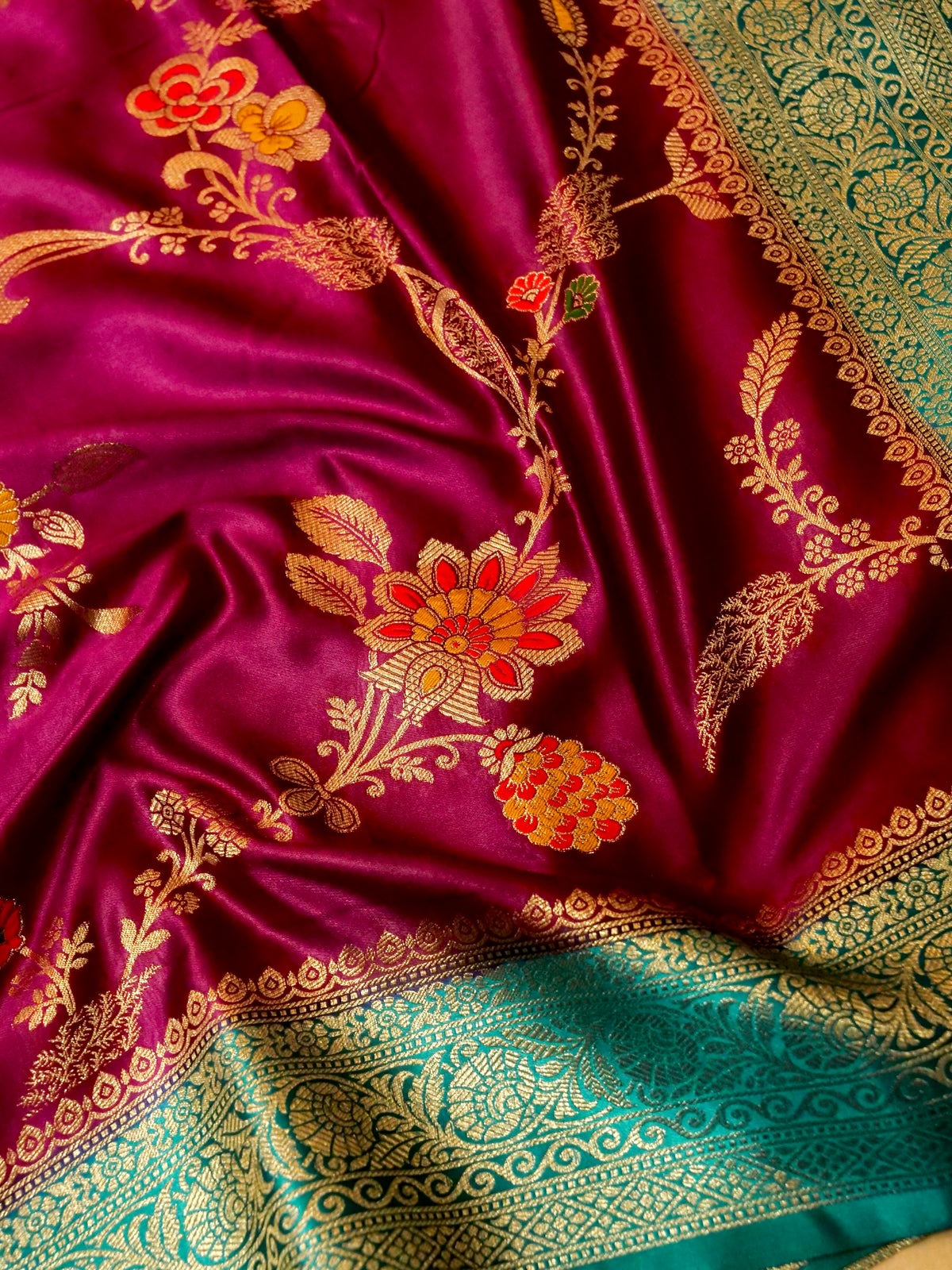 Purple Satin Mashru Silk Saree with Teal Zari Border