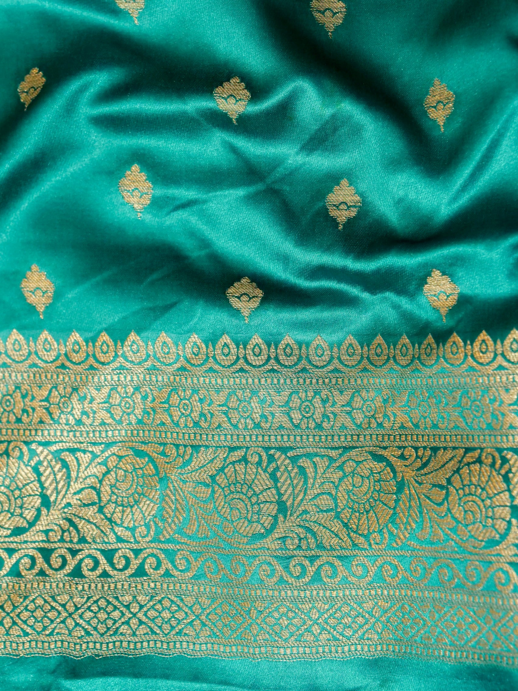 Rani Pink Satin Mashru Silk Saree with Teal Zari Border