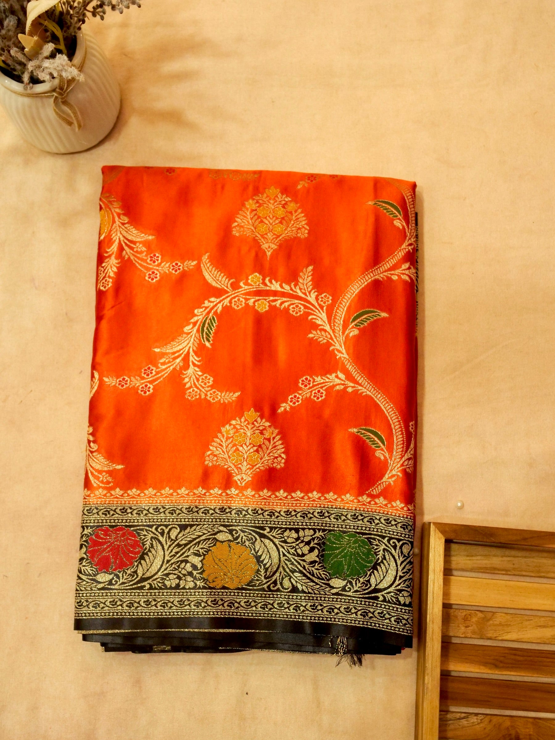Vibrant Orange Satin Mashru Silk Saree with Black & Gold Zari Border