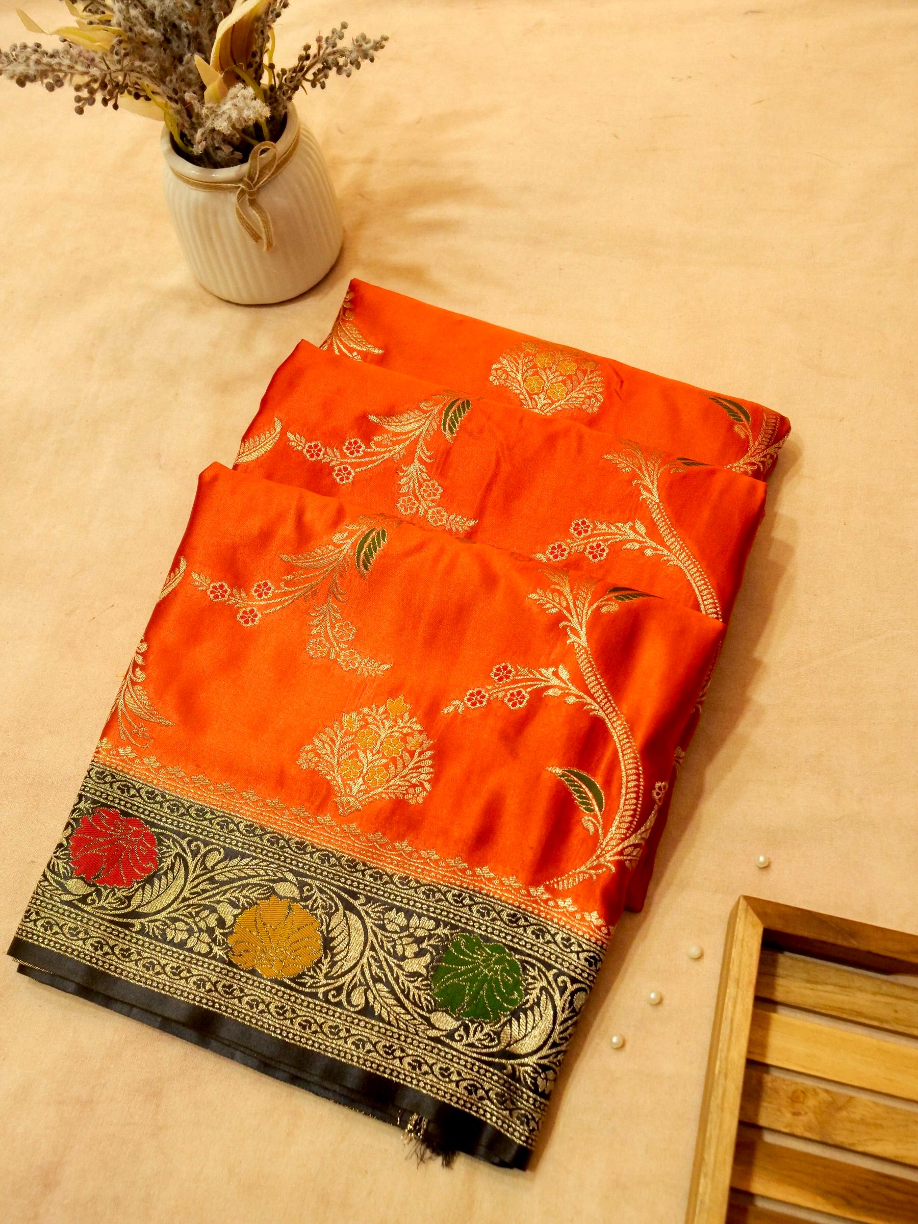 Vibrant Orange Satin Mashru Silk Saree with Black & Gold Zari Border