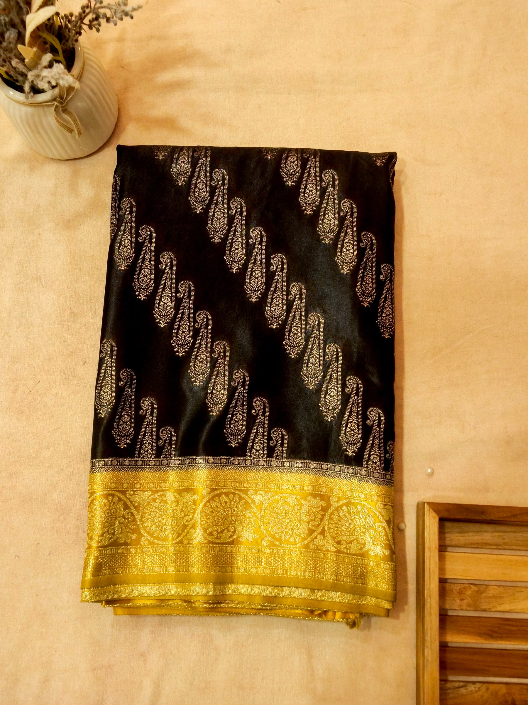 Classic Black Satin Mashru Silk Saree with Gold Zari Border