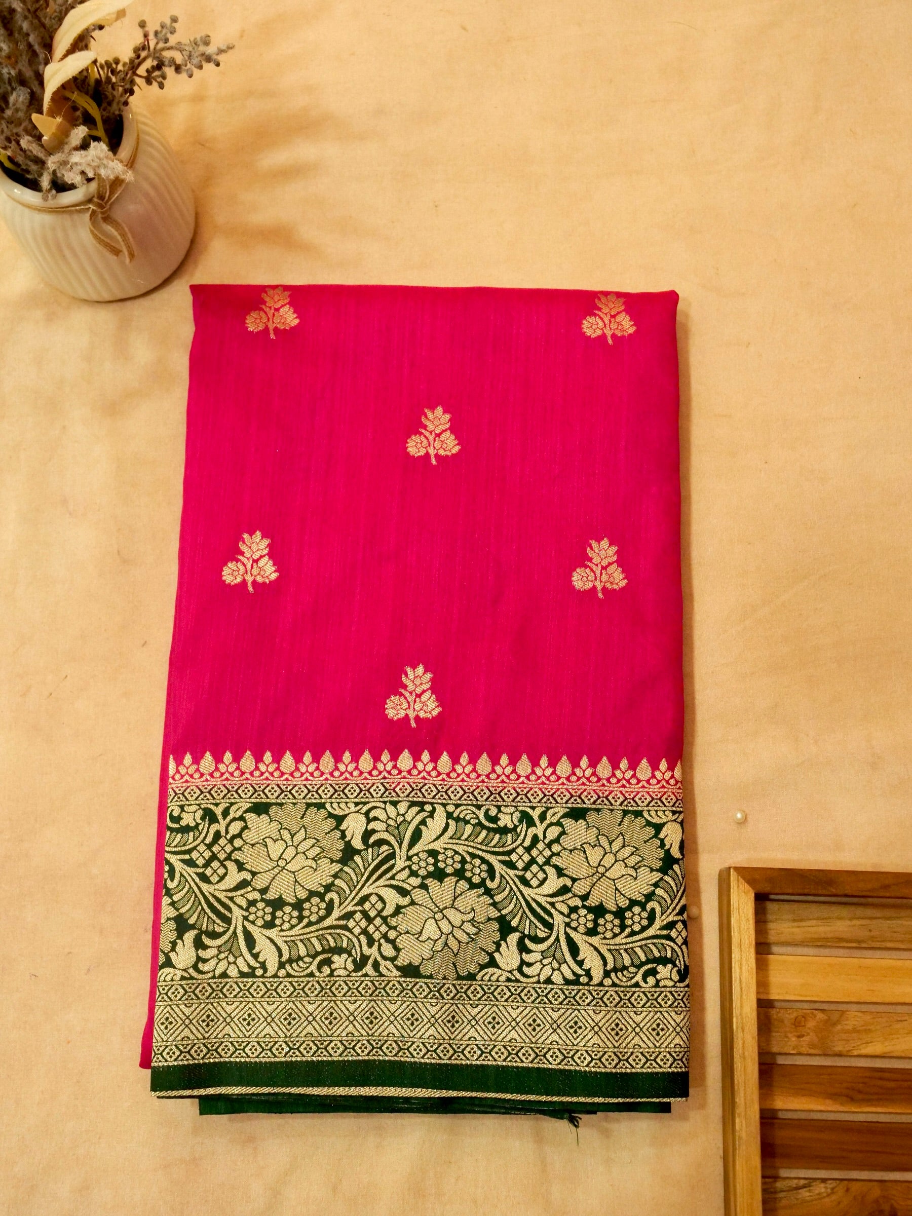 Rani Pink Semi Katan Silk Saree with Green Zari Border