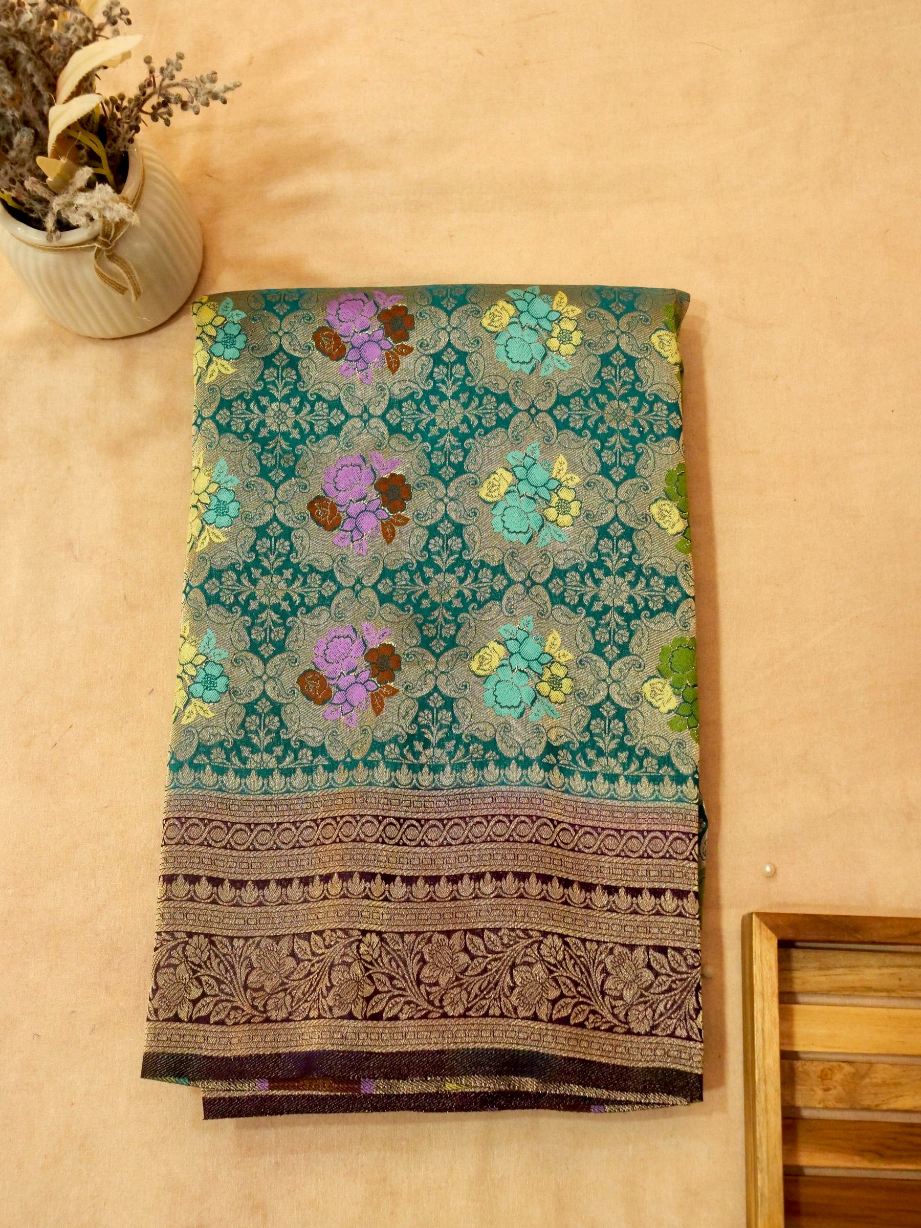 Peacock Teal Semi Tanchoi Saree with Floral Border