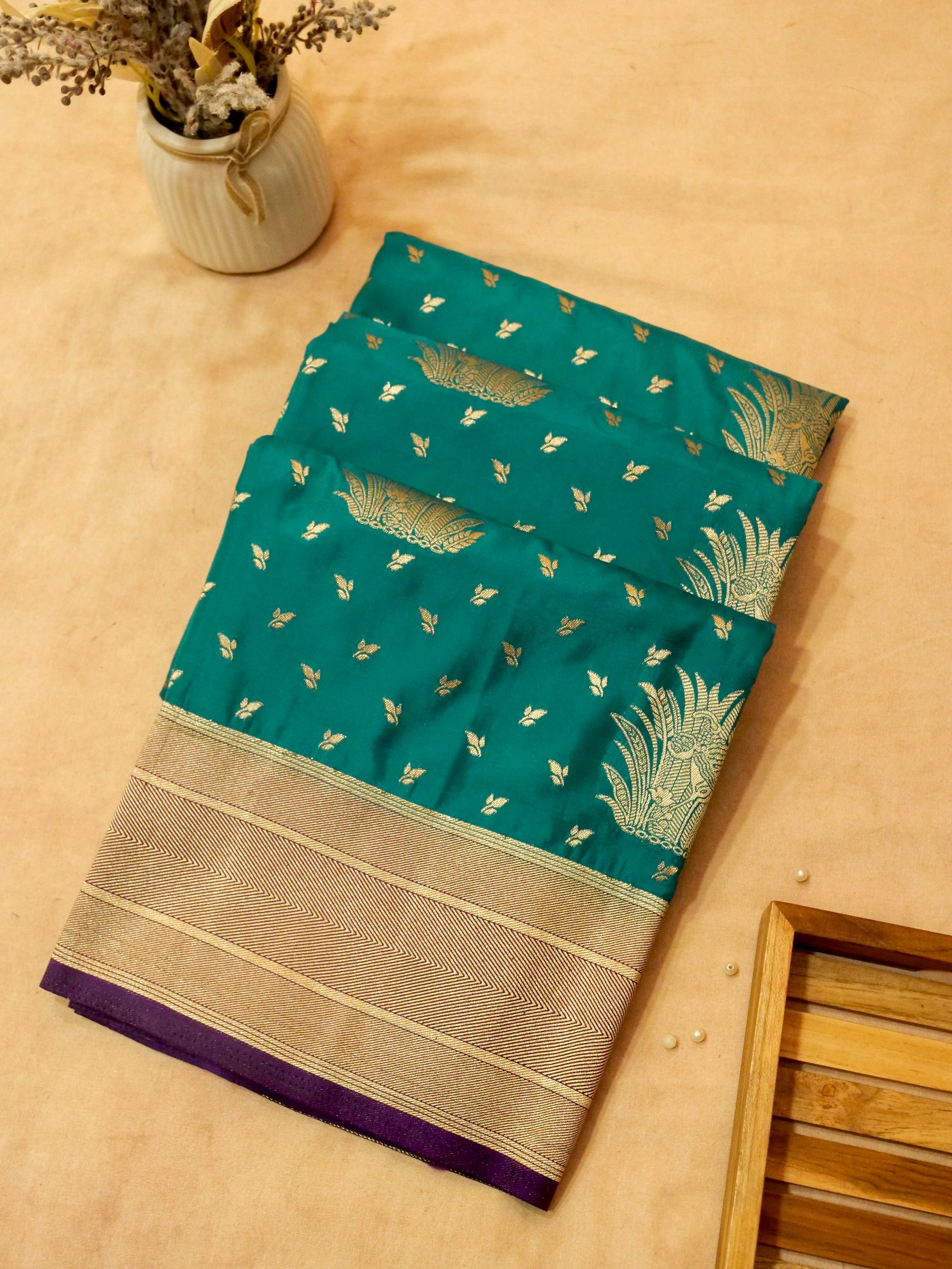Teal Green Semi Katan Silk Saree with Gold & Purple Border