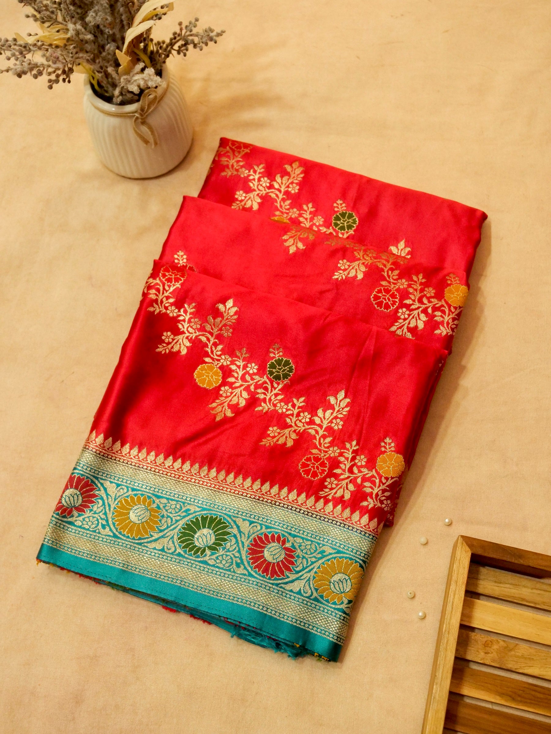 Royal Red Satin Mashru Silk Saree with Teal Zari Floral Border