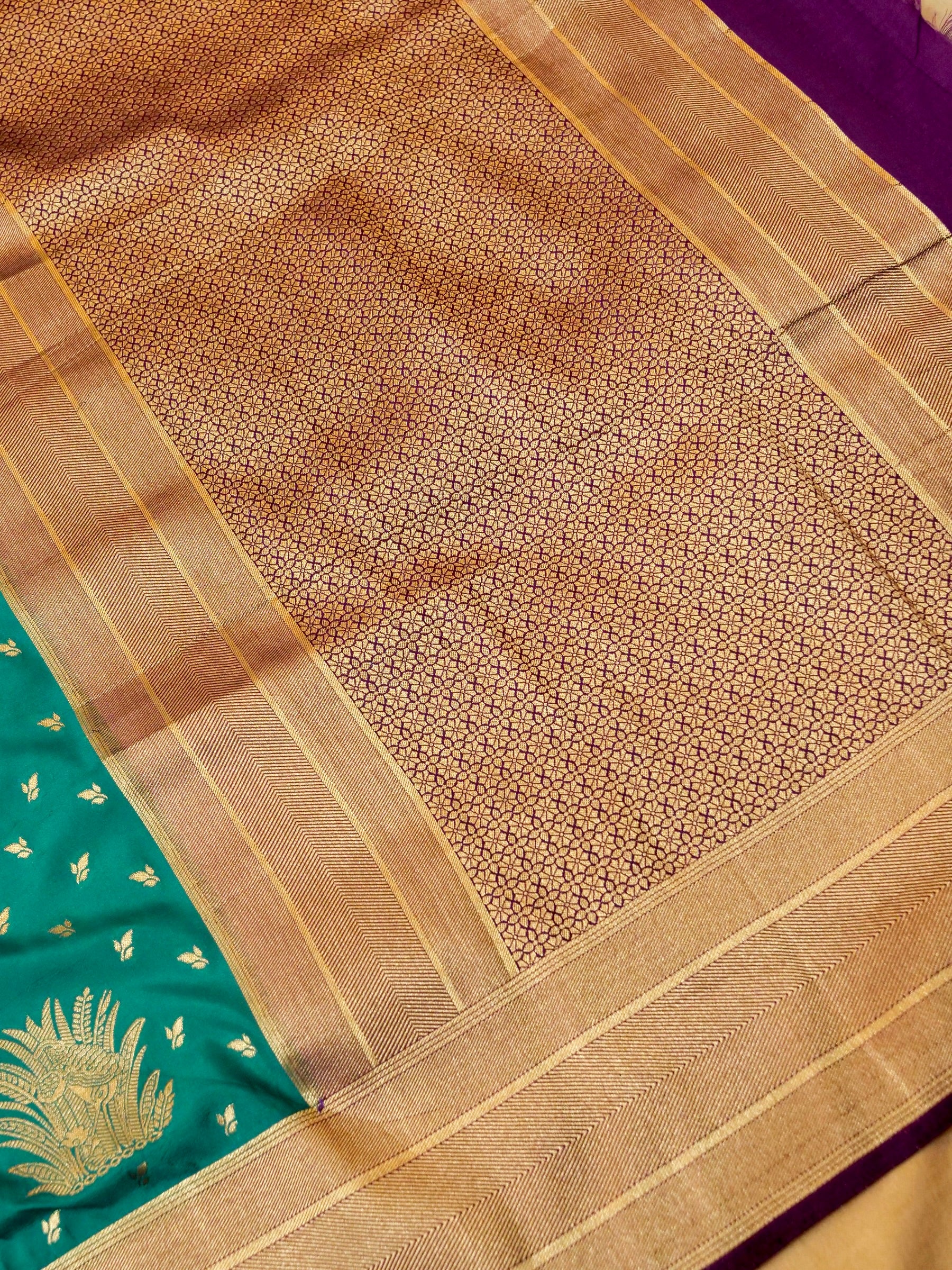 Teal Green Semi Katan Silk Saree with Gold & Purple Border