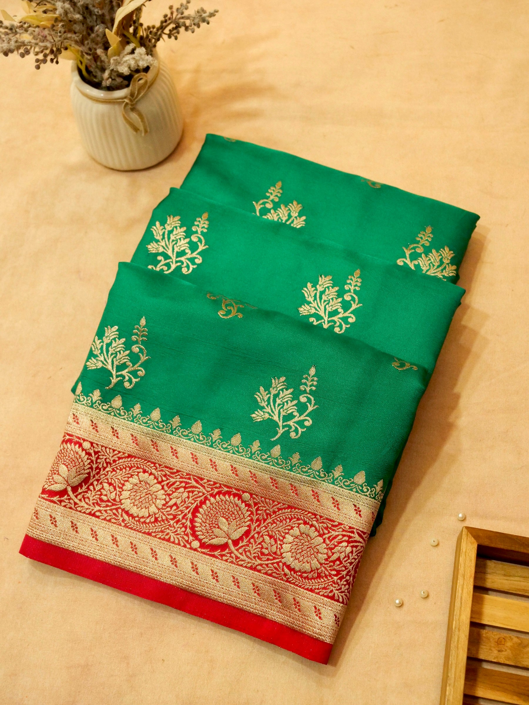 Emerald Green Semi Katan Silk Saree with Rich Red Zari Border