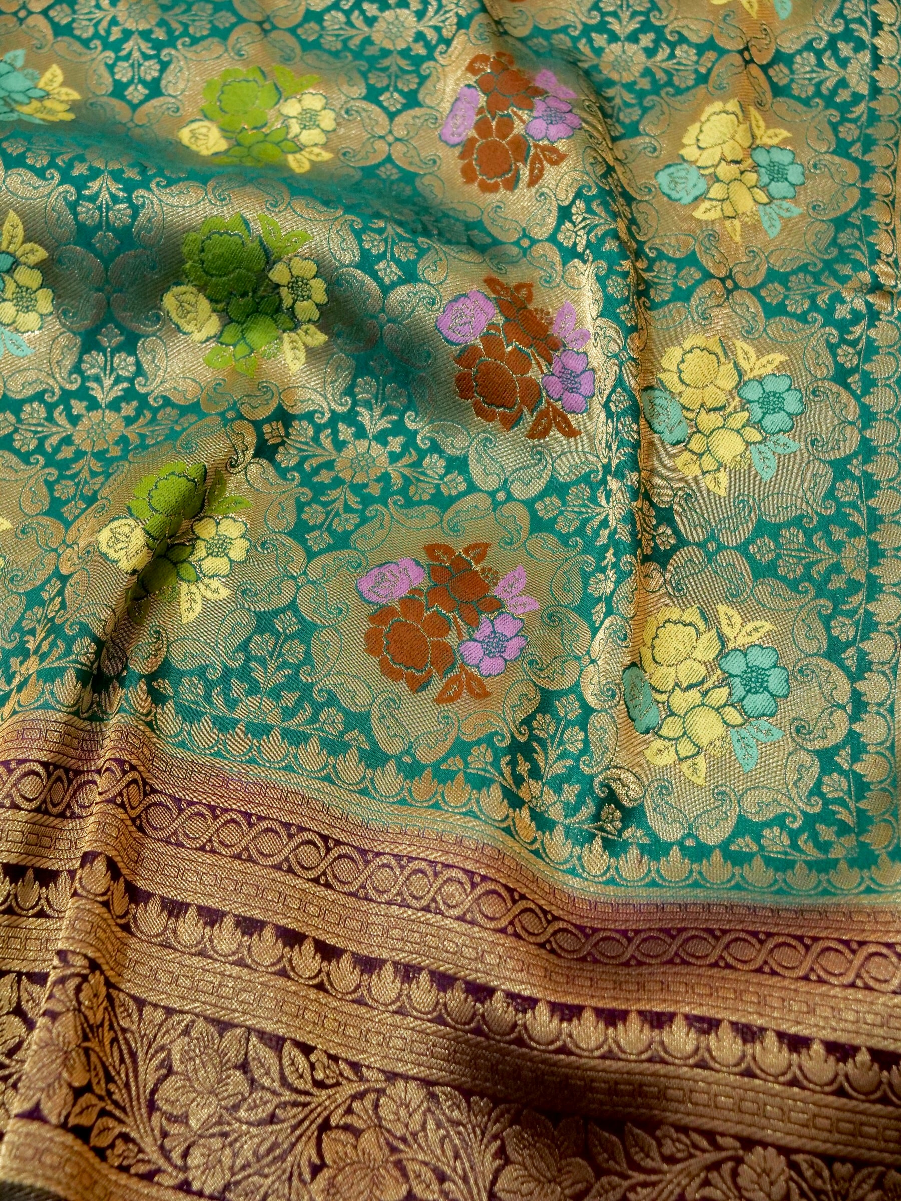 Peacock Teal Semi Tanchoi Saree with Floral Border
