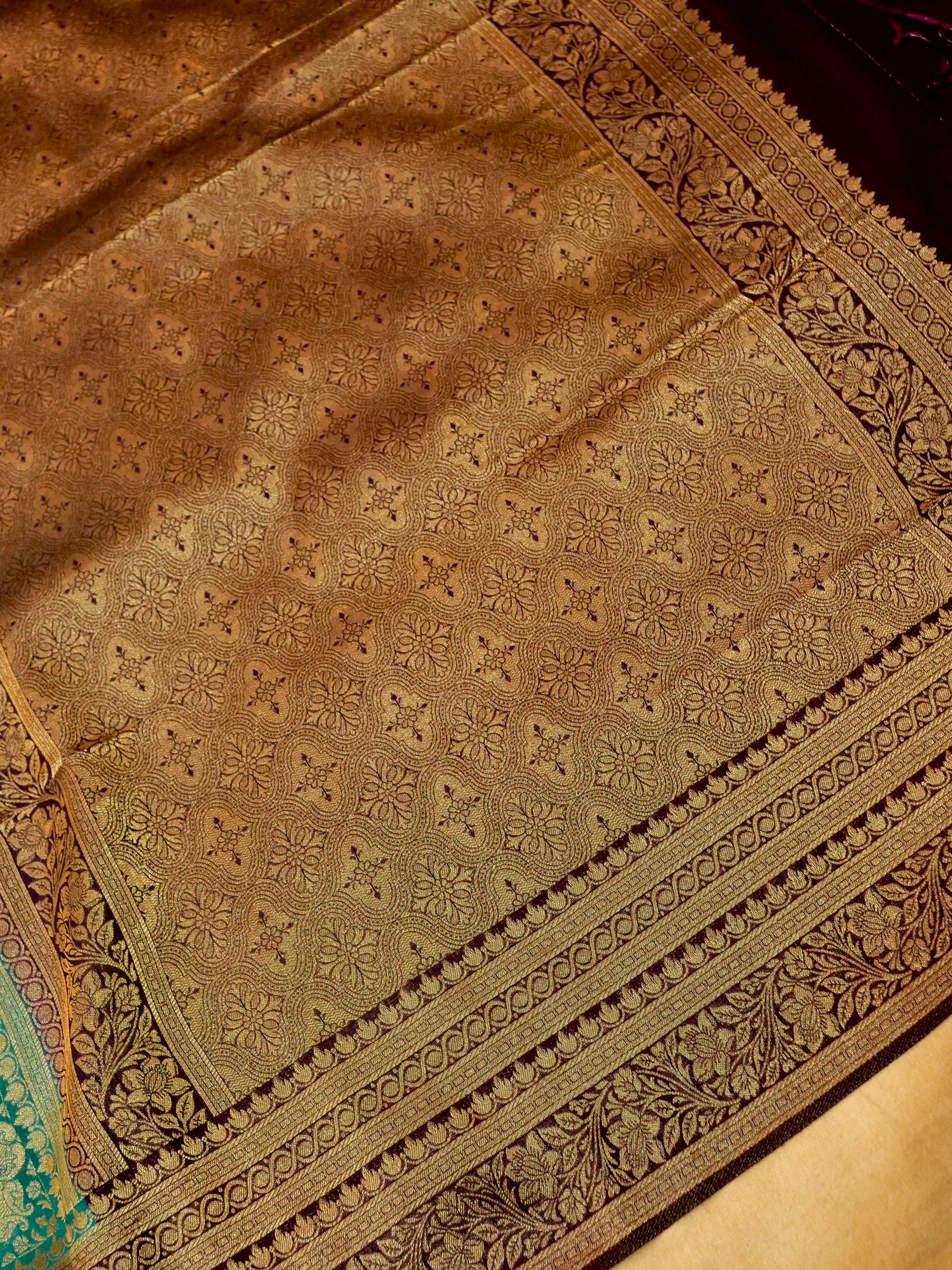 Peacock Teal Semi Tanchoi Saree with Floral Border