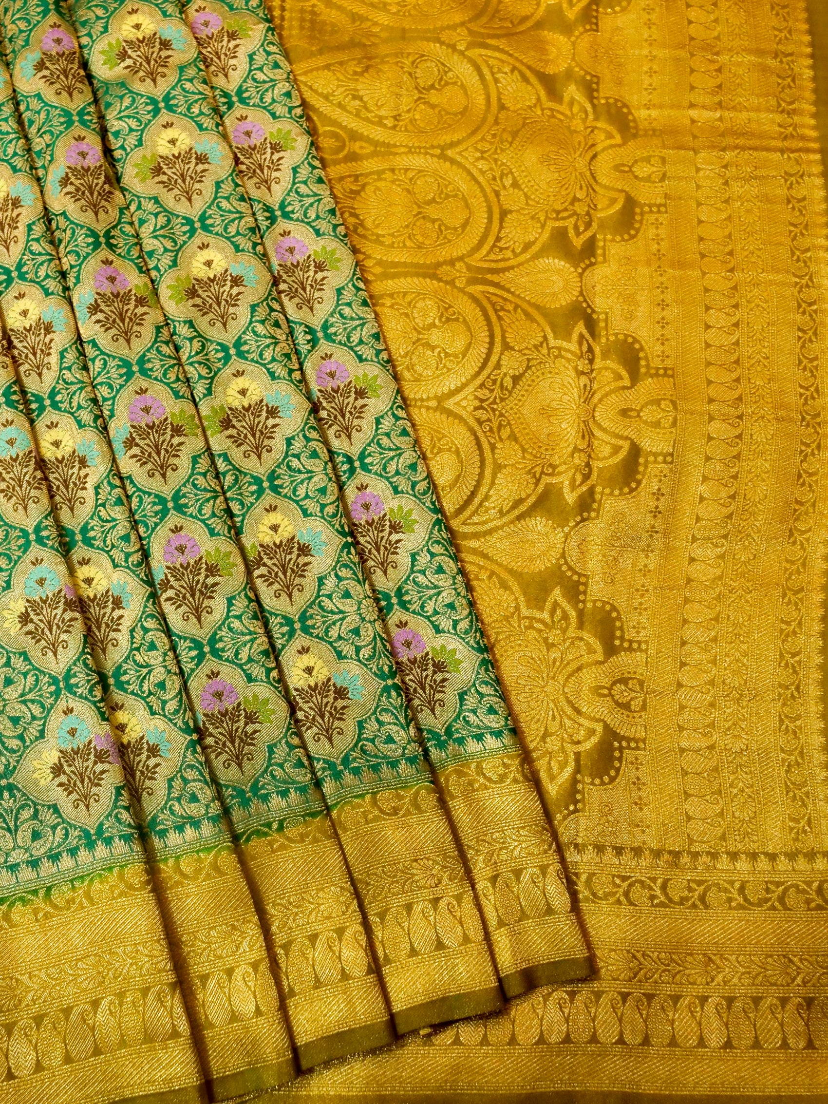Sea Green Semi Tanchoi Saree with Rich Antique Zari Border
