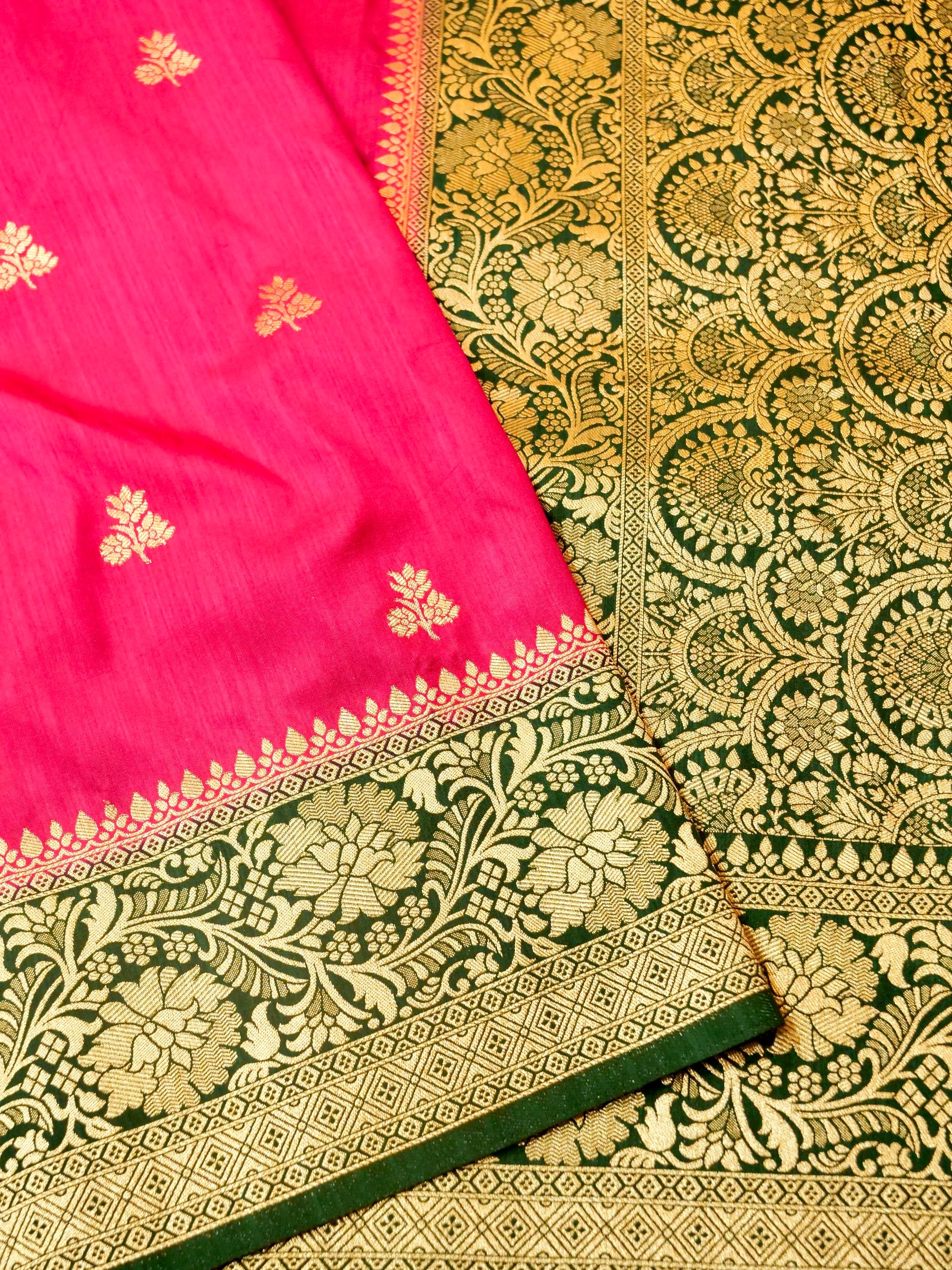 Rani Pink Semi Katan Silk Saree with Green Zari Border