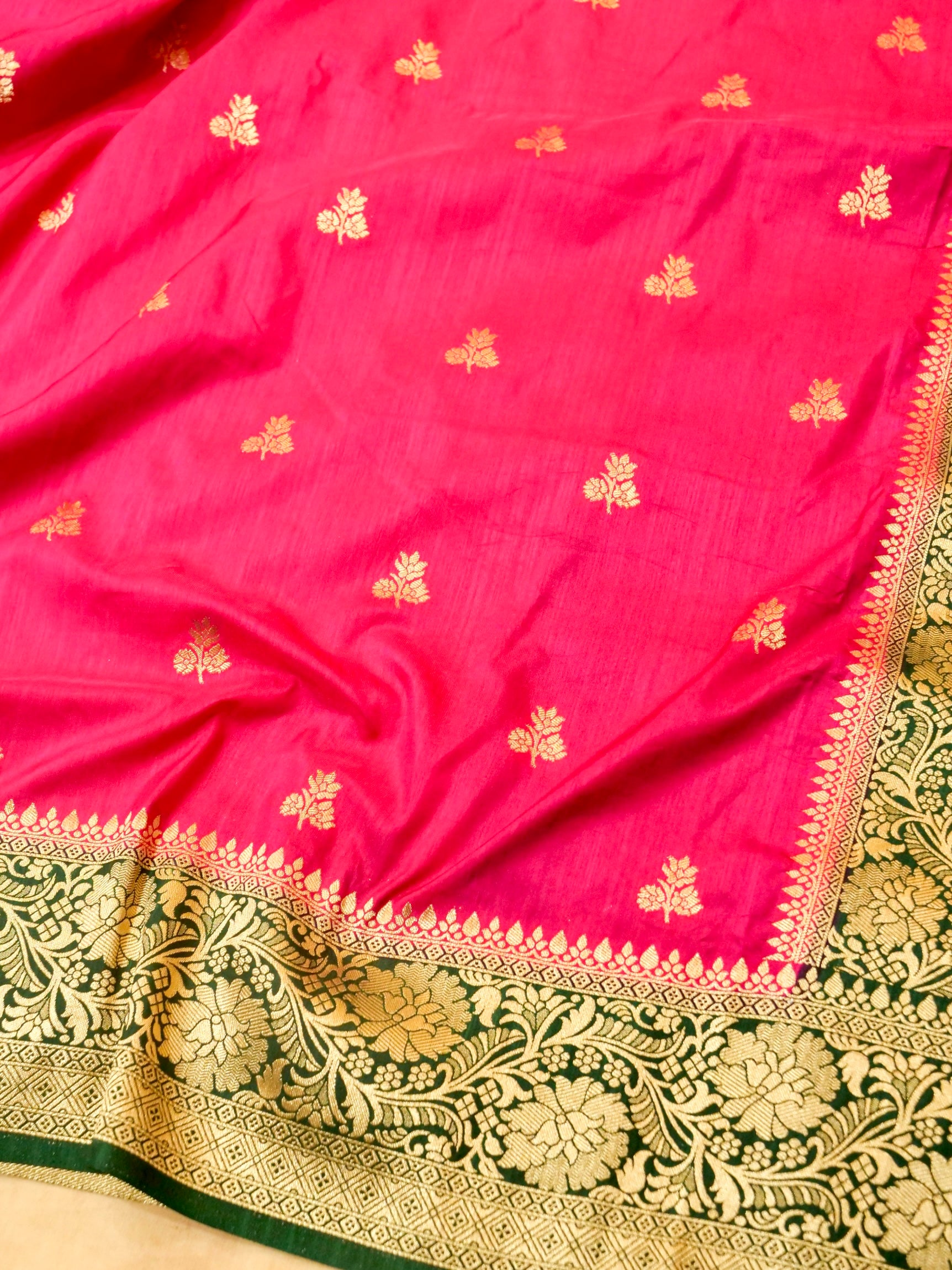 Rani Pink Semi Katan Silk Saree with Green Zari Border