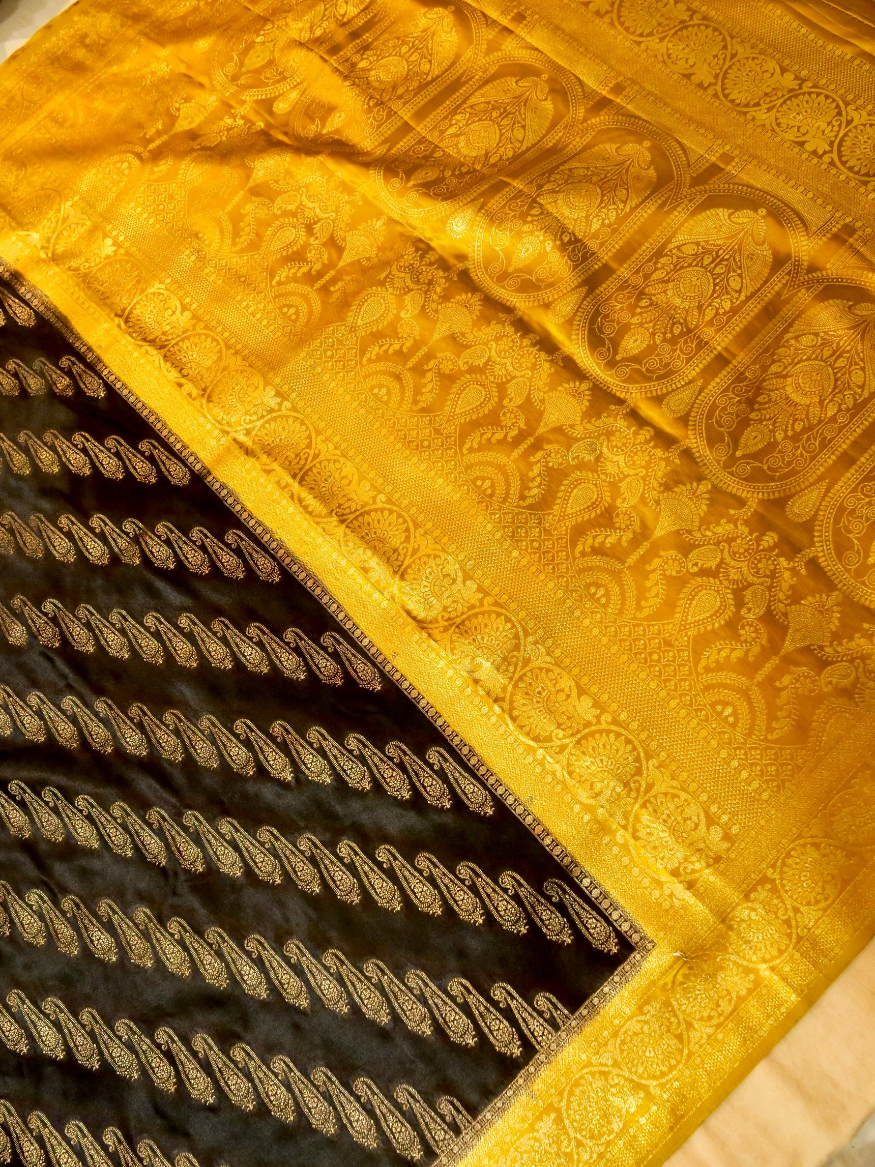 Classic Black Satin Mashru Silk Saree with Gold Zari Border