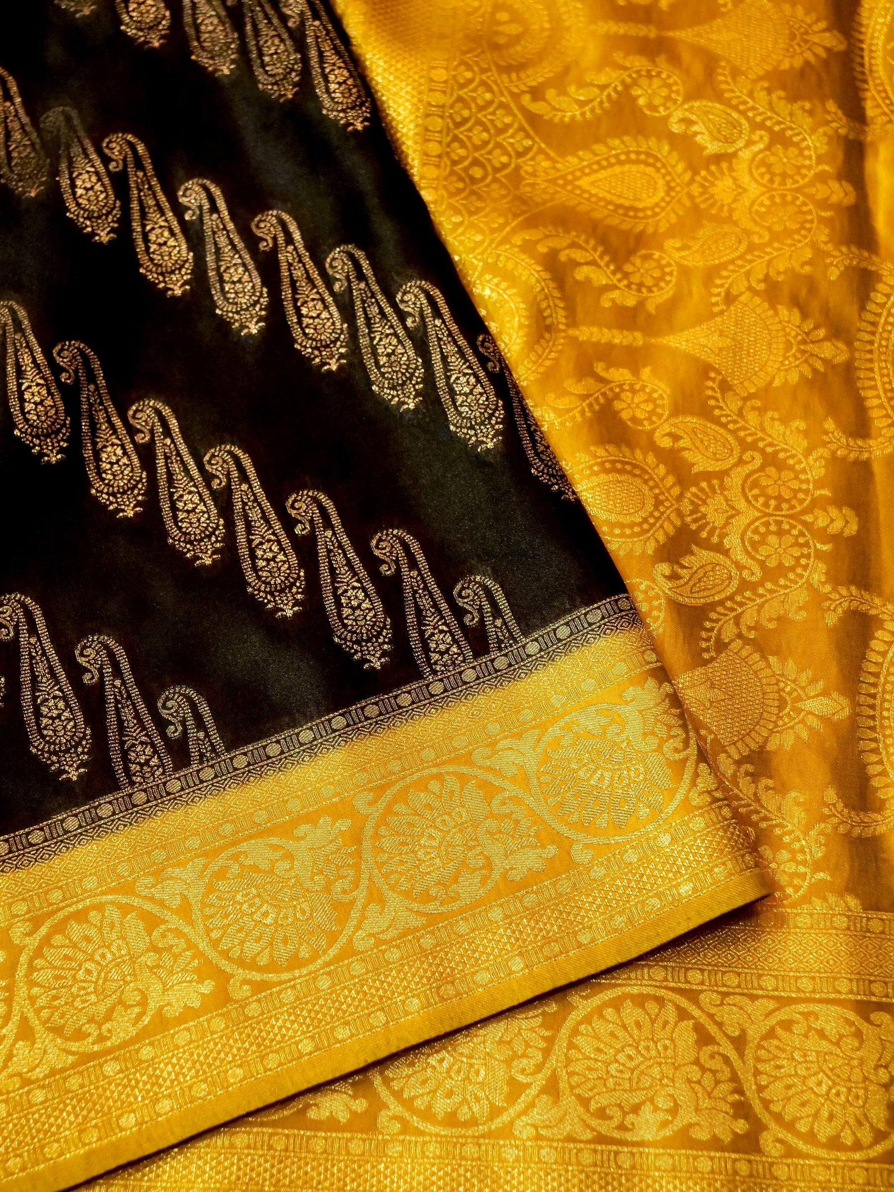 Classic Black Satin Mashru Silk Saree with Gold Zari Border