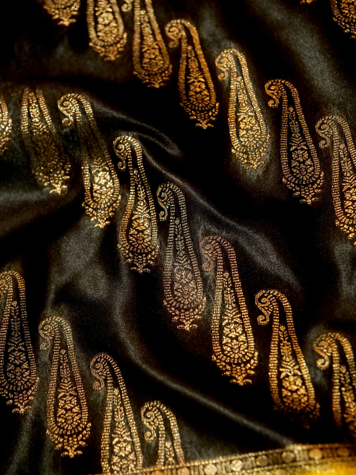 Classic Black Satin Mashru Silk Saree with Gold Zari Border