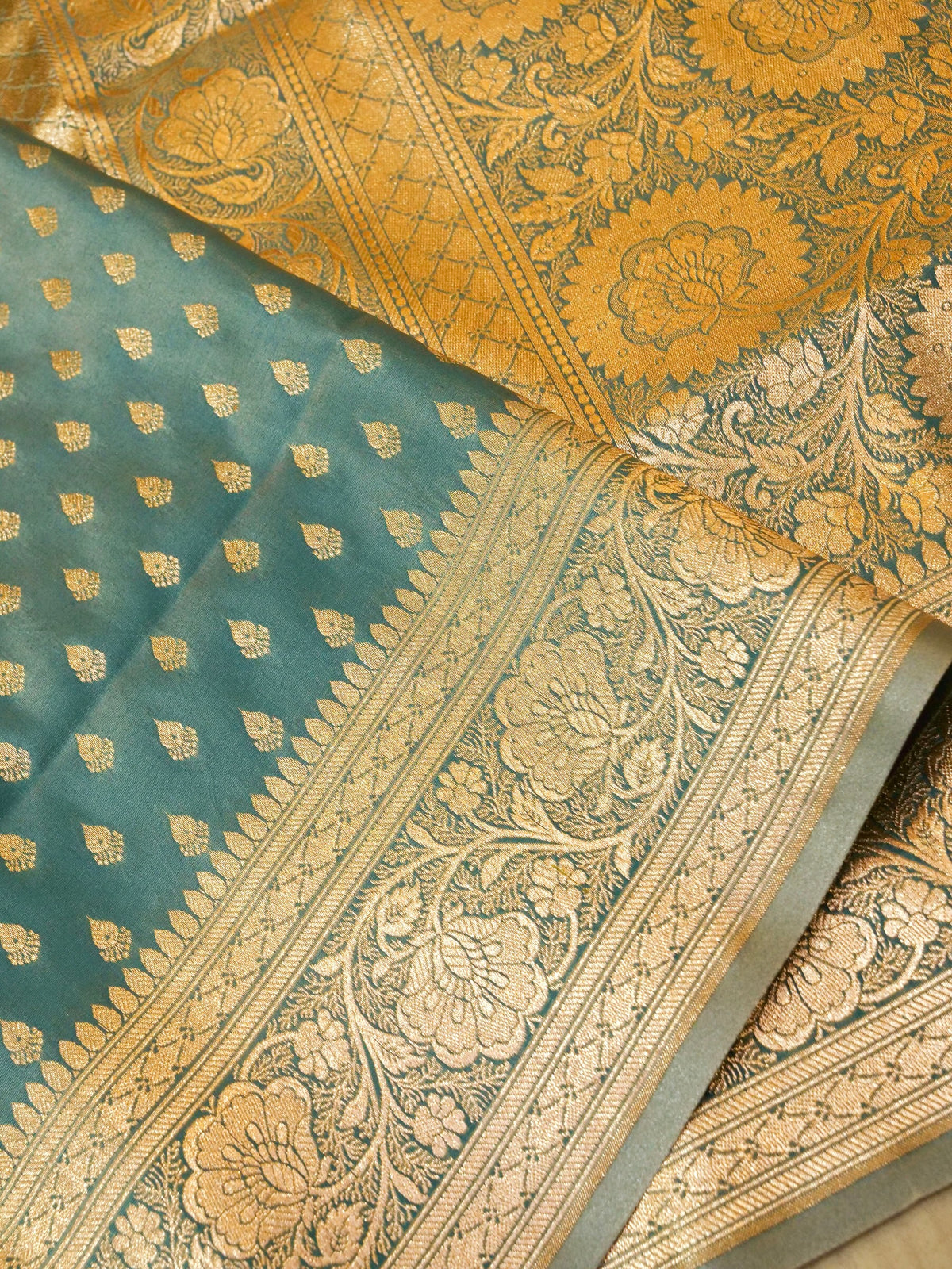 Rich Teal Blue Banarasi Silk Saree with Gold Zari Weaving